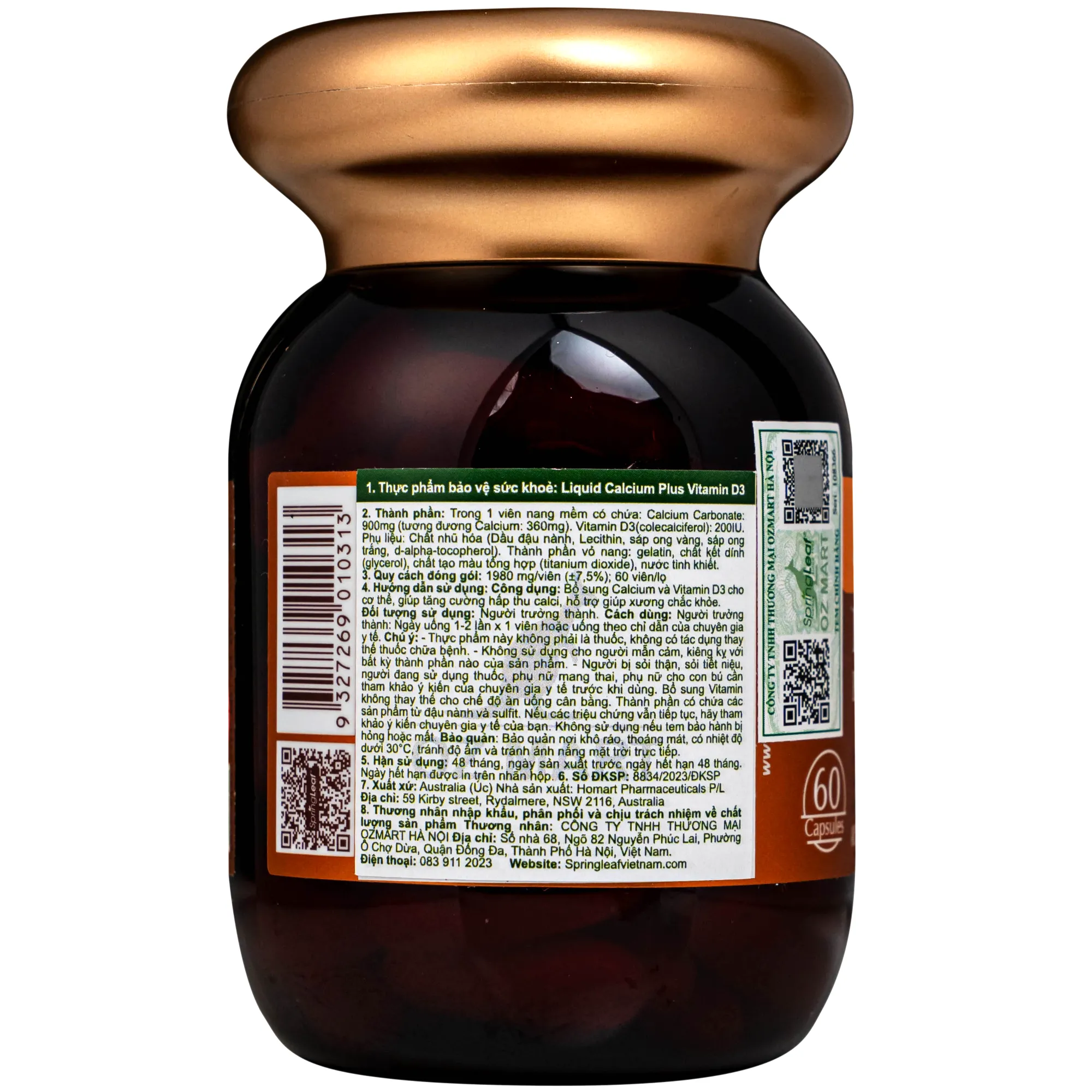 VIÊN UỐNG BỔ SUNG CANXI VÀ VITAMIN D3 GIÚP XƯƠNG CHẮC KHOẺ SPRING LEAF LIQUID CALCIUM PLUS VITAMIN D3 60V 3