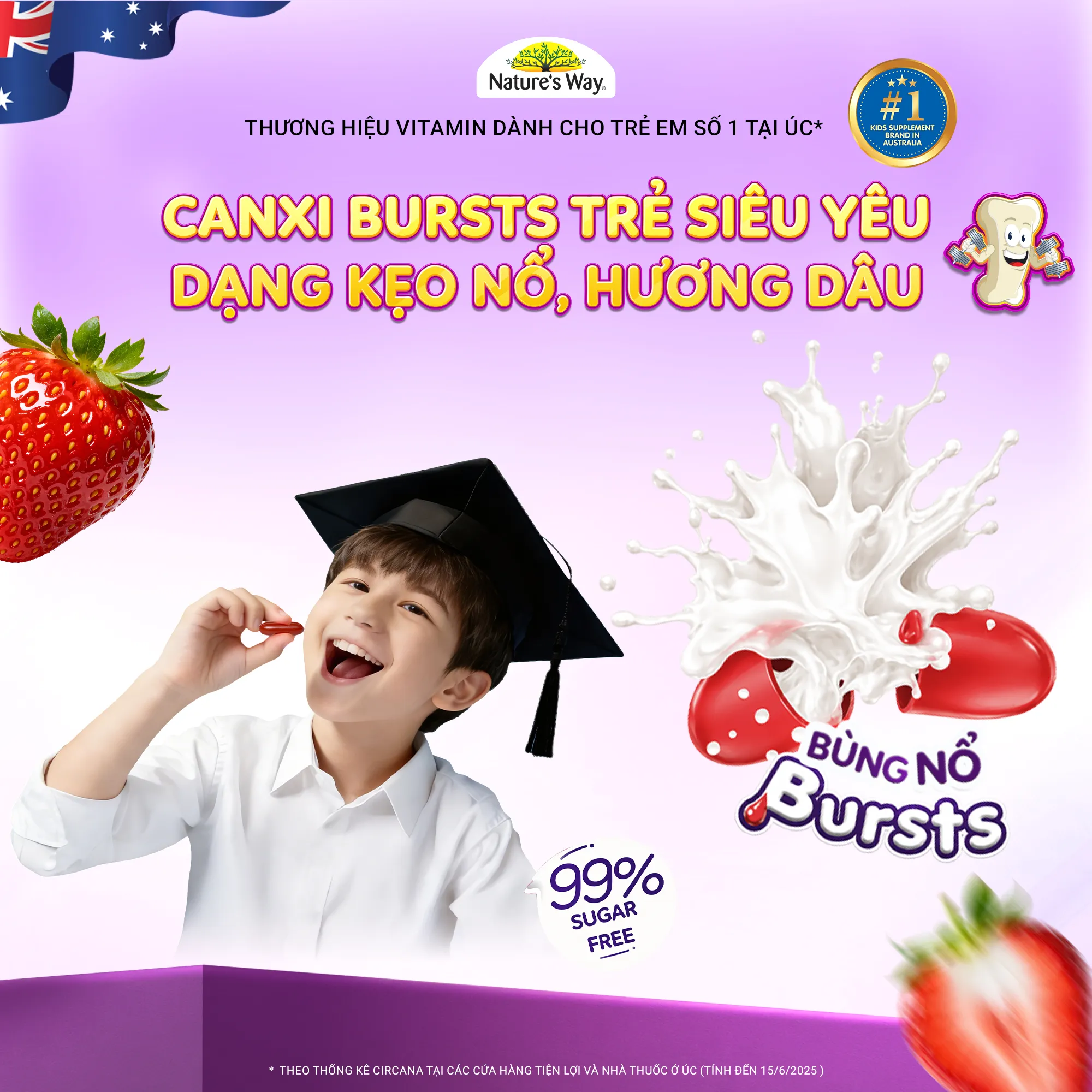 VIÊN NHAI BỔ SUNG CANXI VÀ VITAMIN D3 CHO BÉ NATURE'S WAY KIDS SMART BURSTS CALCIUM + VITAMIN D3 50V 2