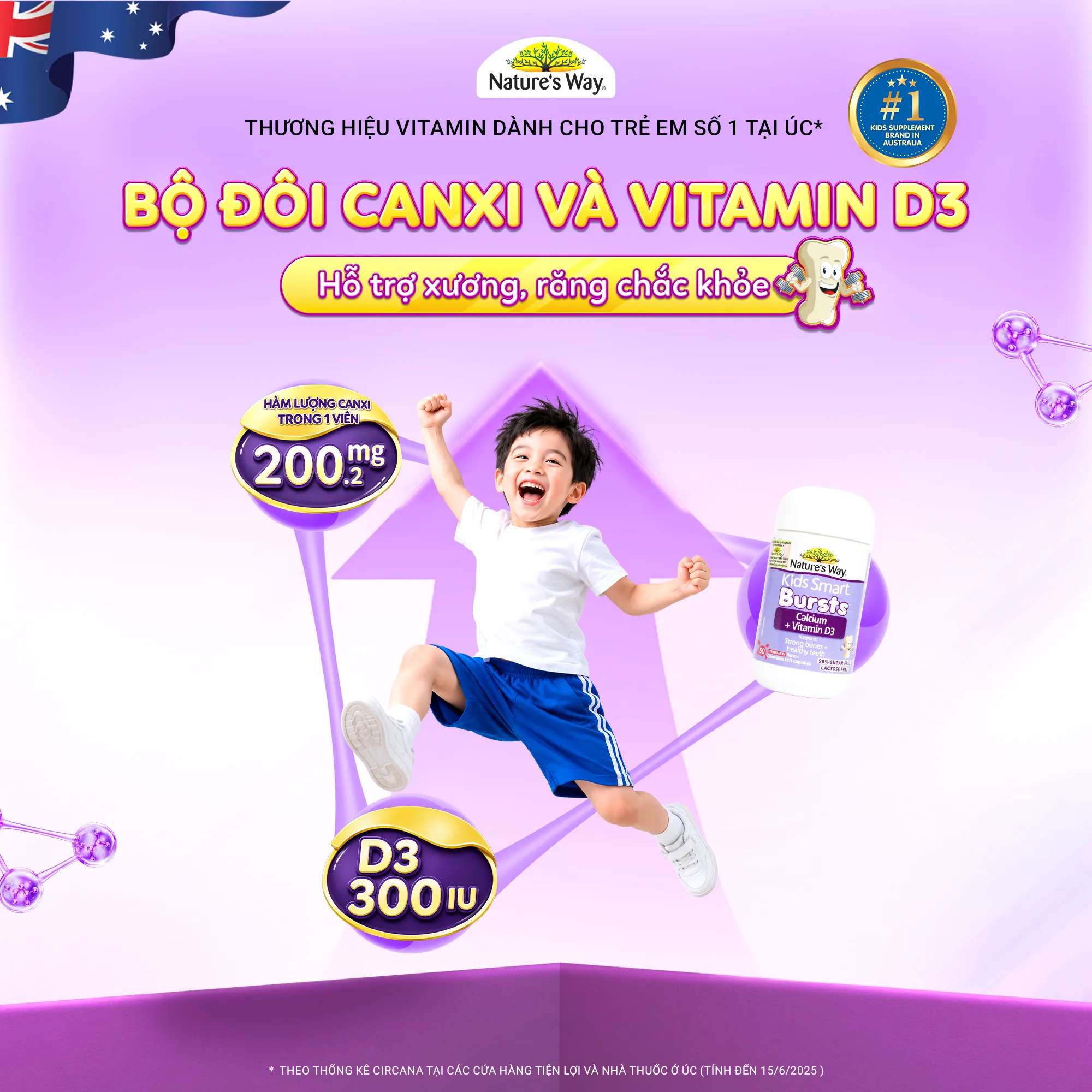 VIÊN NHAI BỔ SUNG CANXI VÀ VITAMIN D3 CHO BÉ NATURE'S WAY KIDS SMART BURSTS CALCIUM + VITAMIN D3 50V 4