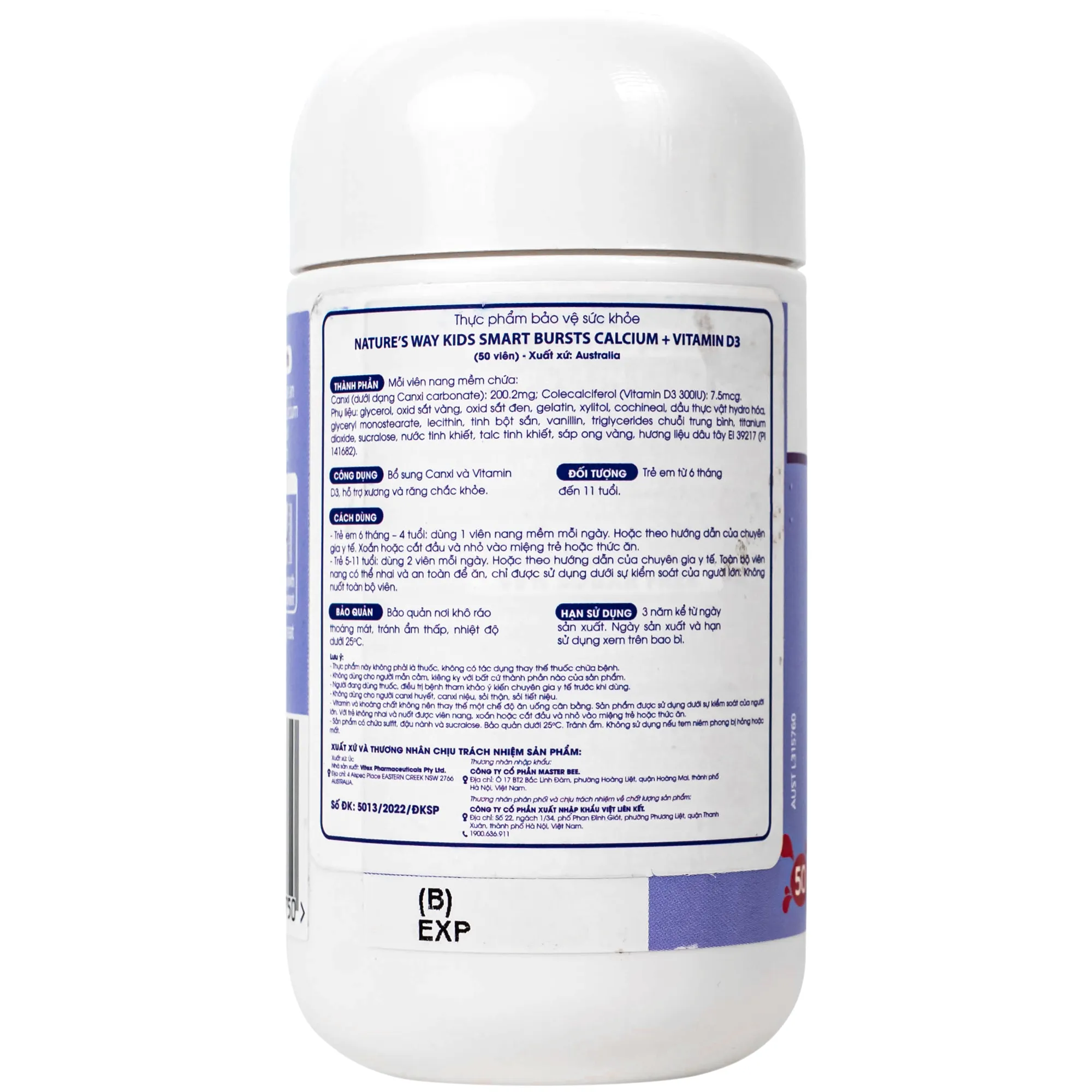 VIÊN NHAI BỔ SUNG CANXI VÀ VITAMIN D3 CHO BÉ NATURE'S WAY KIDS SMART BURSTS CALCIUM + VITAMIN D3 50V 7