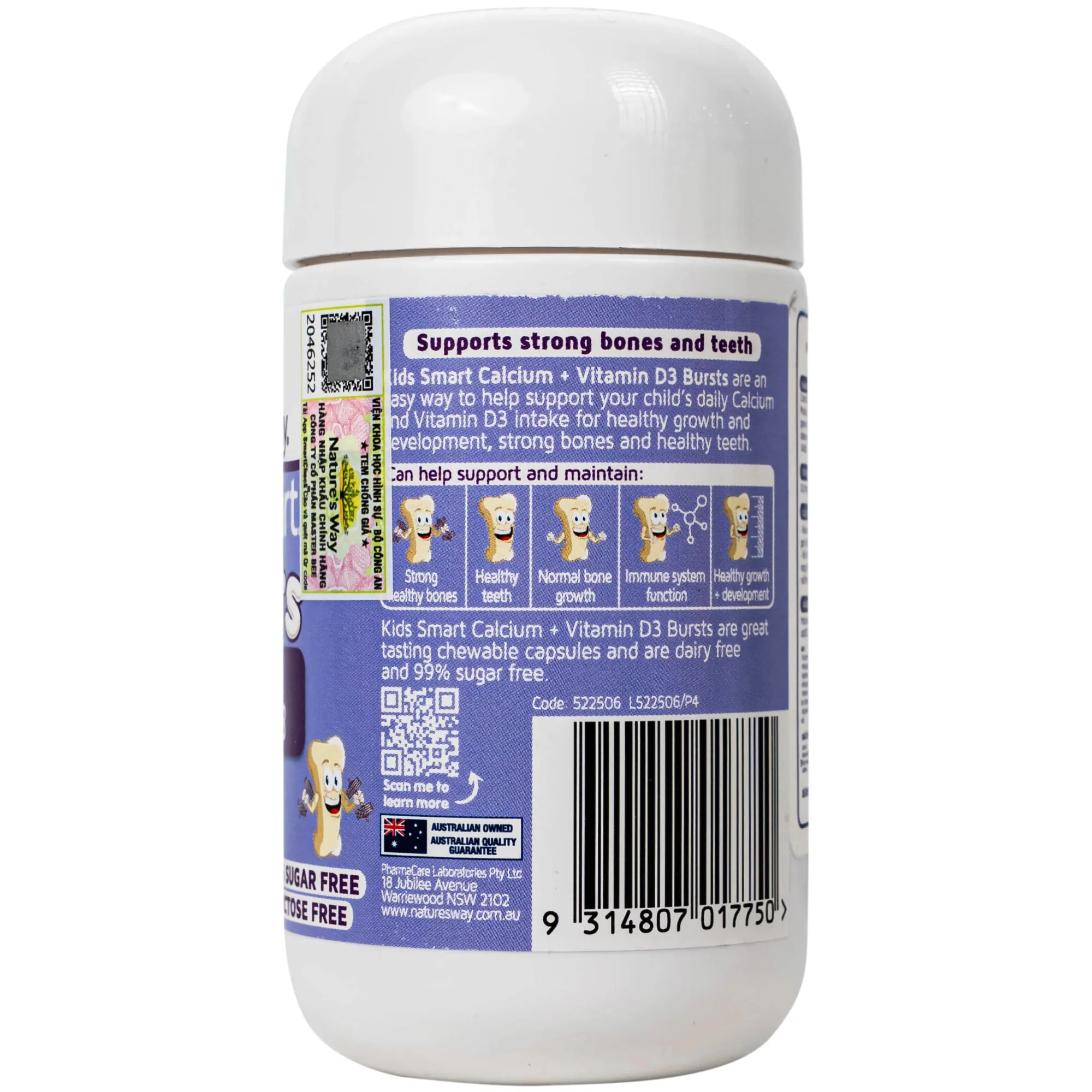 VIÊN NHAI BỔ SUNG CANXI VÀ VITAMIN D3 CHO BÉ NATURE'S WAY KIDS SMART BURSTS CALCIUM + VITAMIN D3 50V 8