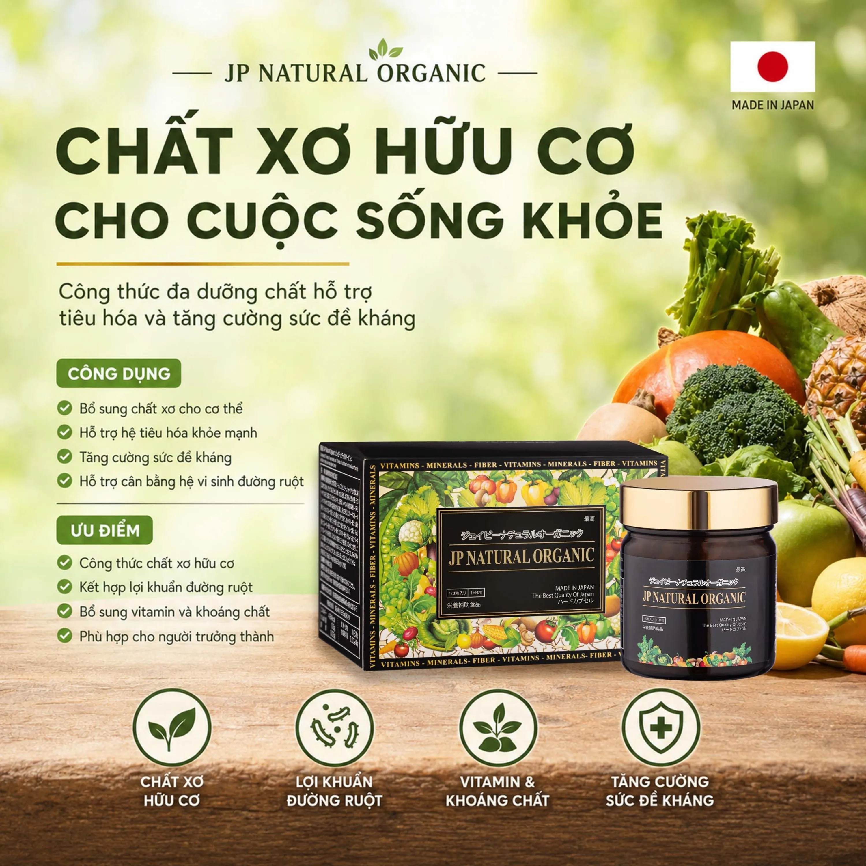 VIÊN UỐNG BỔ SUNG CHẤT XƠ, CHỐNG TÁO BÓN VÀ TĂNG ĐỀ KHÁNG JP NATURAL ORGANIC JPANWELL120V 3