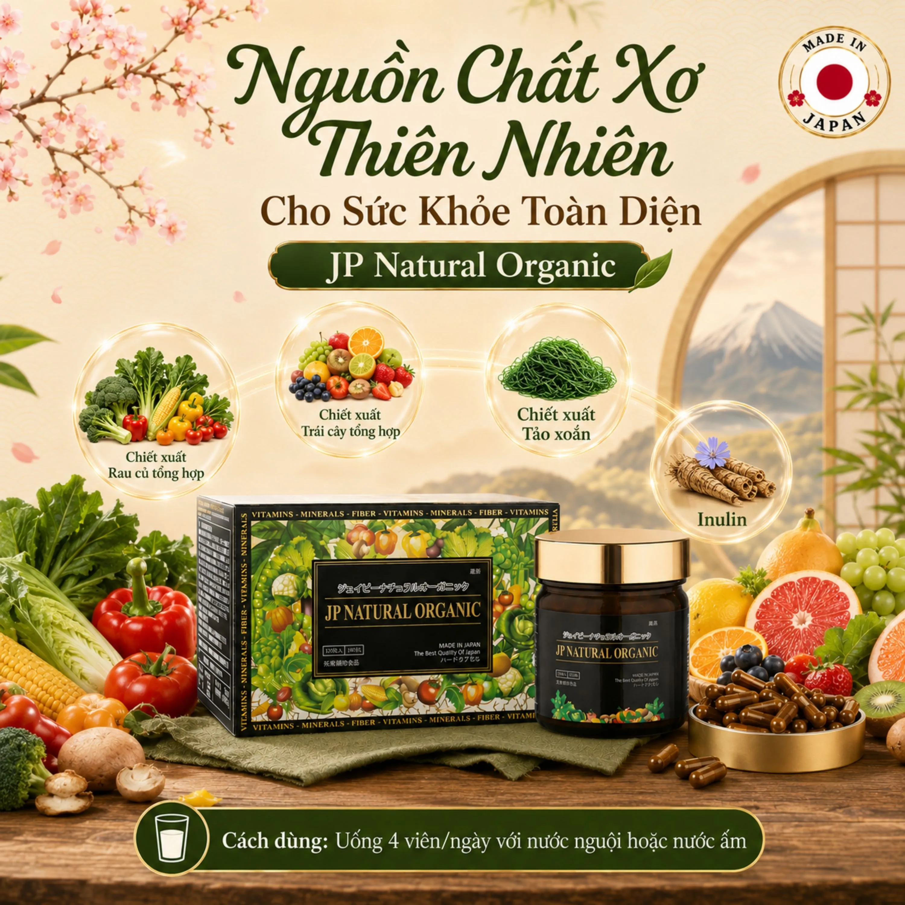 VIÊN UỐNG BỔ SUNG CHẤT XƠ, CHỐNG TÁO BÓN VÀ TĂNG ĐỀ KHÁNG JP NATURAL ORGANIC JPANWELL120V 4