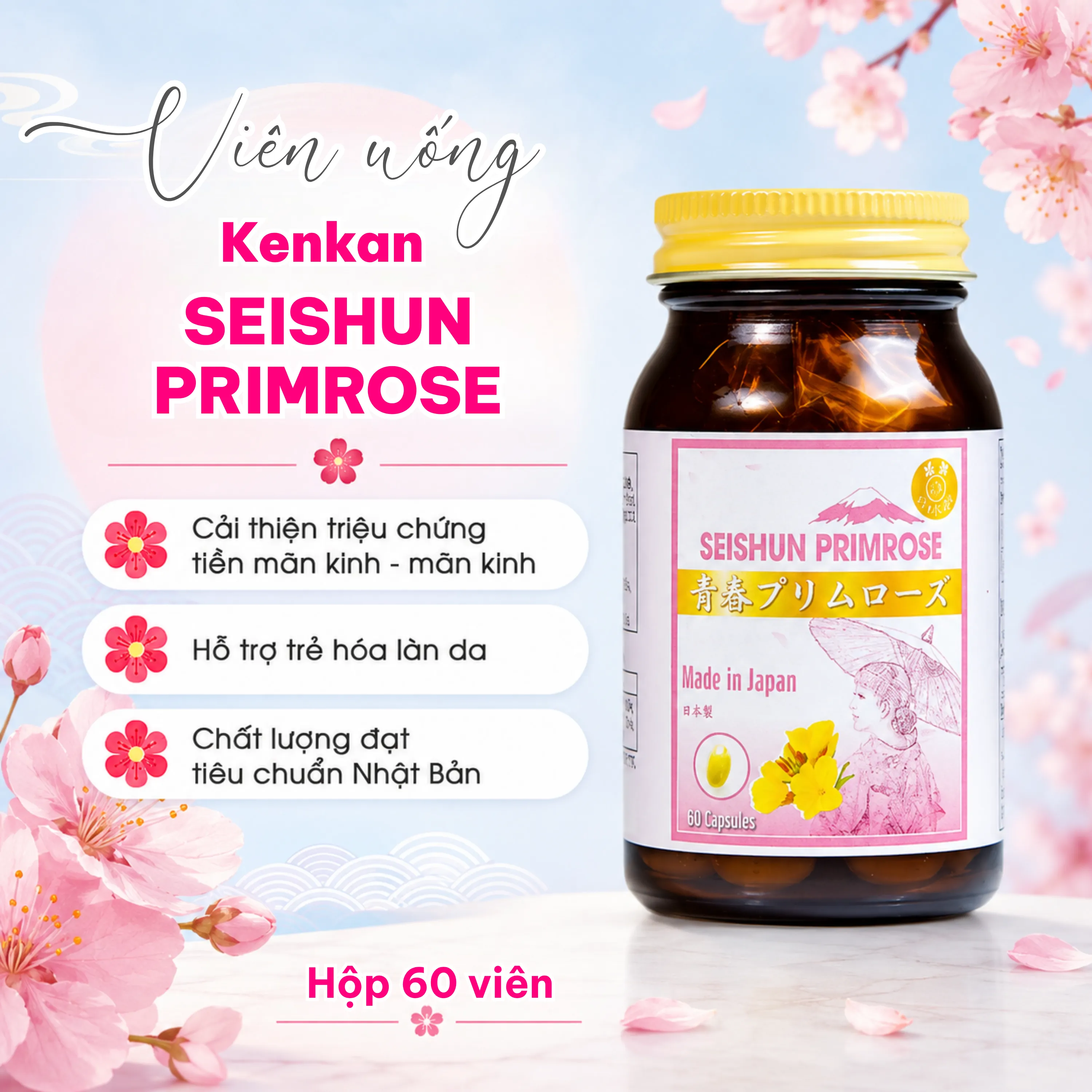VIÊN UỐNG BỔ SUNG DẦU HOA ANH THẢO CHO PHỤ NỮ TIỀN MÃN KINH KENKAN SEISHUN PRIMROSE 60V 2