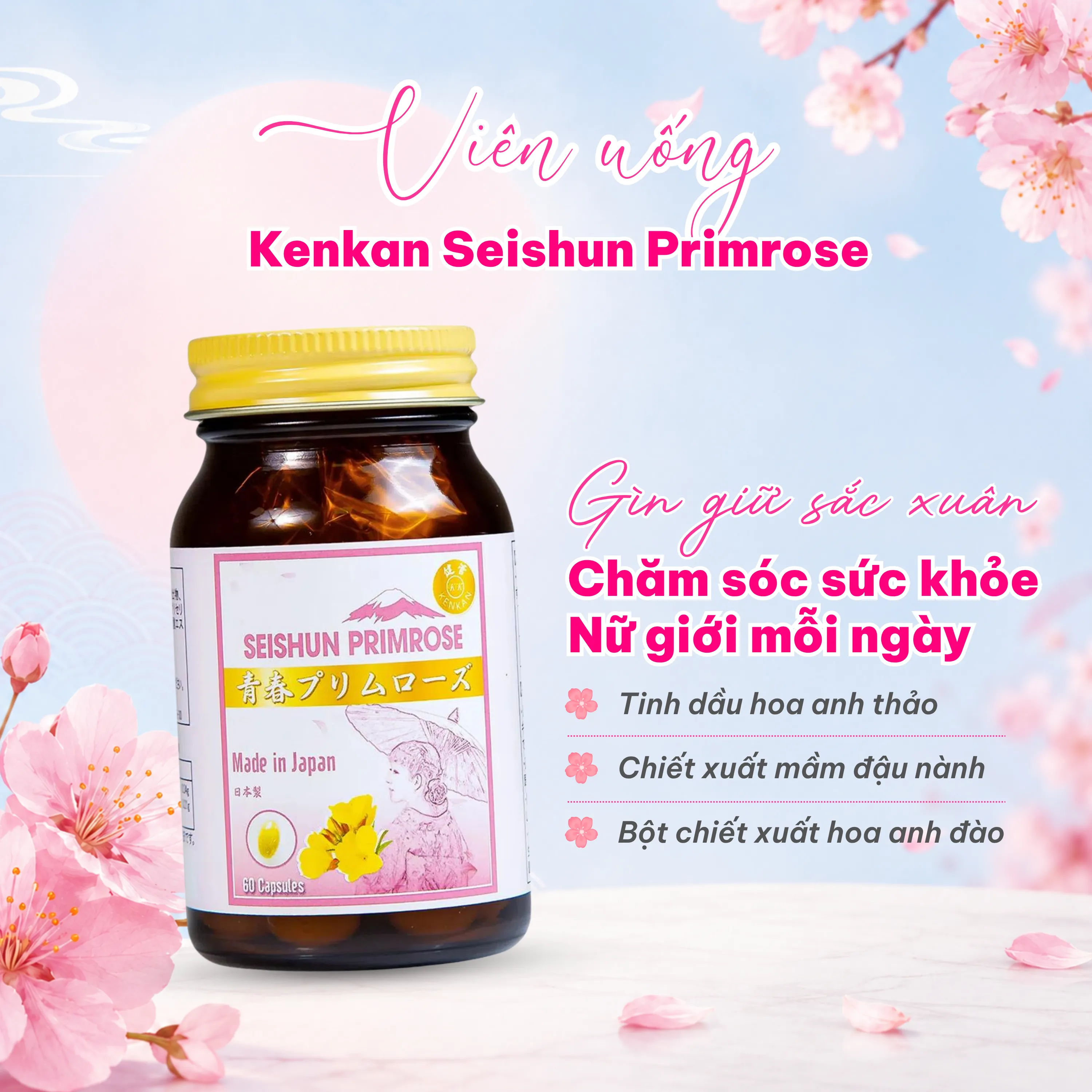 VIÊN UỐNG BỔ SUNG DẦU HOA ANH THẢO CHO PHỤ NỮ TIỀN MÃN KINH KENKAN SEISHUN PRIMROSE 60V 3