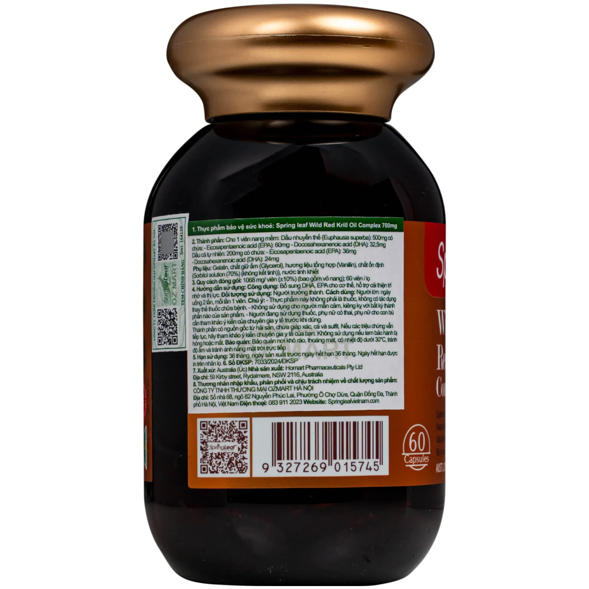 VIÊN UỐNG BỔ SUNG DHA, EPA CHO CƠ THỂ, HỖ TRỢ CẢI THIỆN TRÍ NHỚ VÀ THỊ LỰC SPRING LEAF WILD RED KRILL OIL COMPLEX 700MG 60V 2