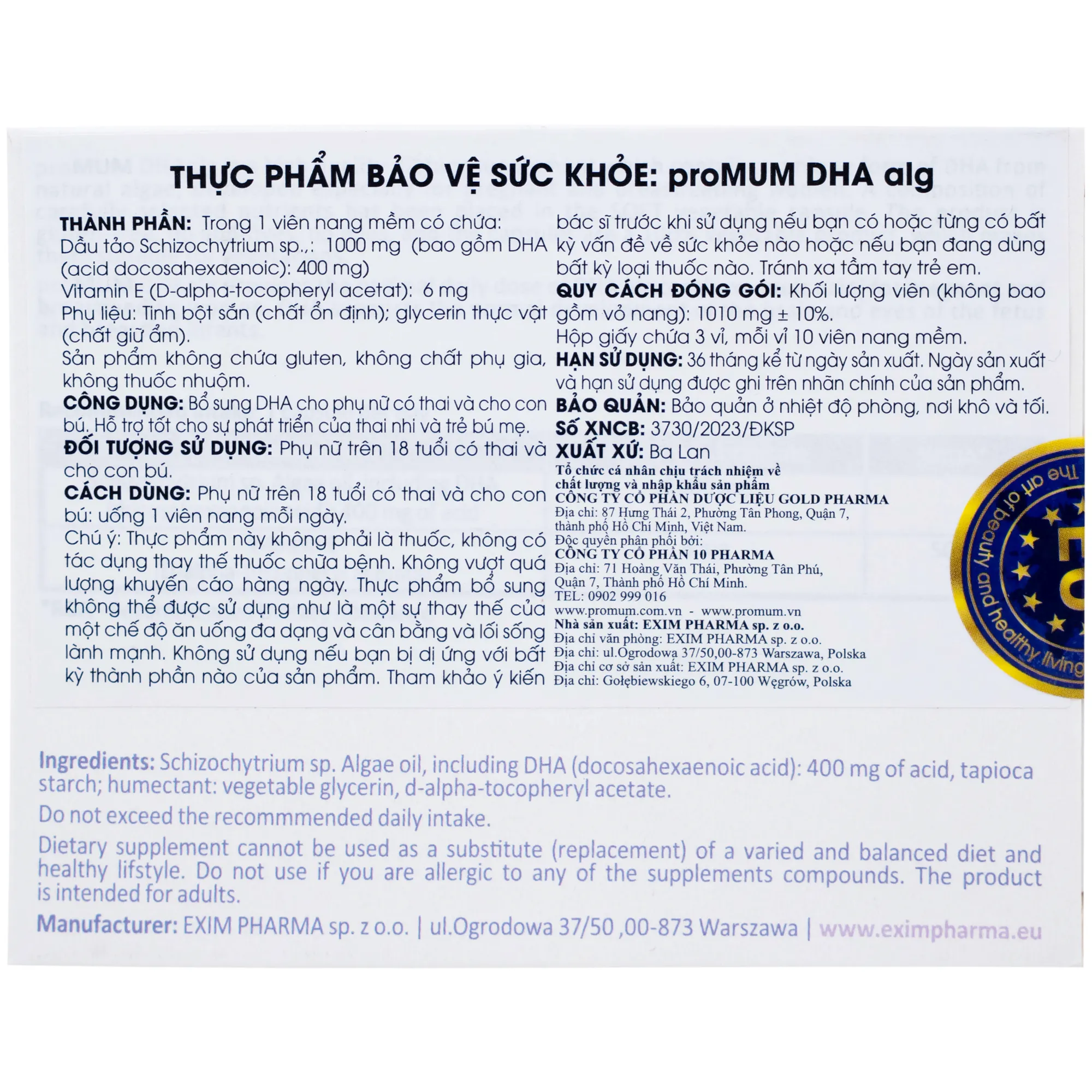 VIÊN UỐNG BỔ SUNG DHA CHO PHỤ NỮ MANG THAI PROMUM DHA ALG 3X10 6