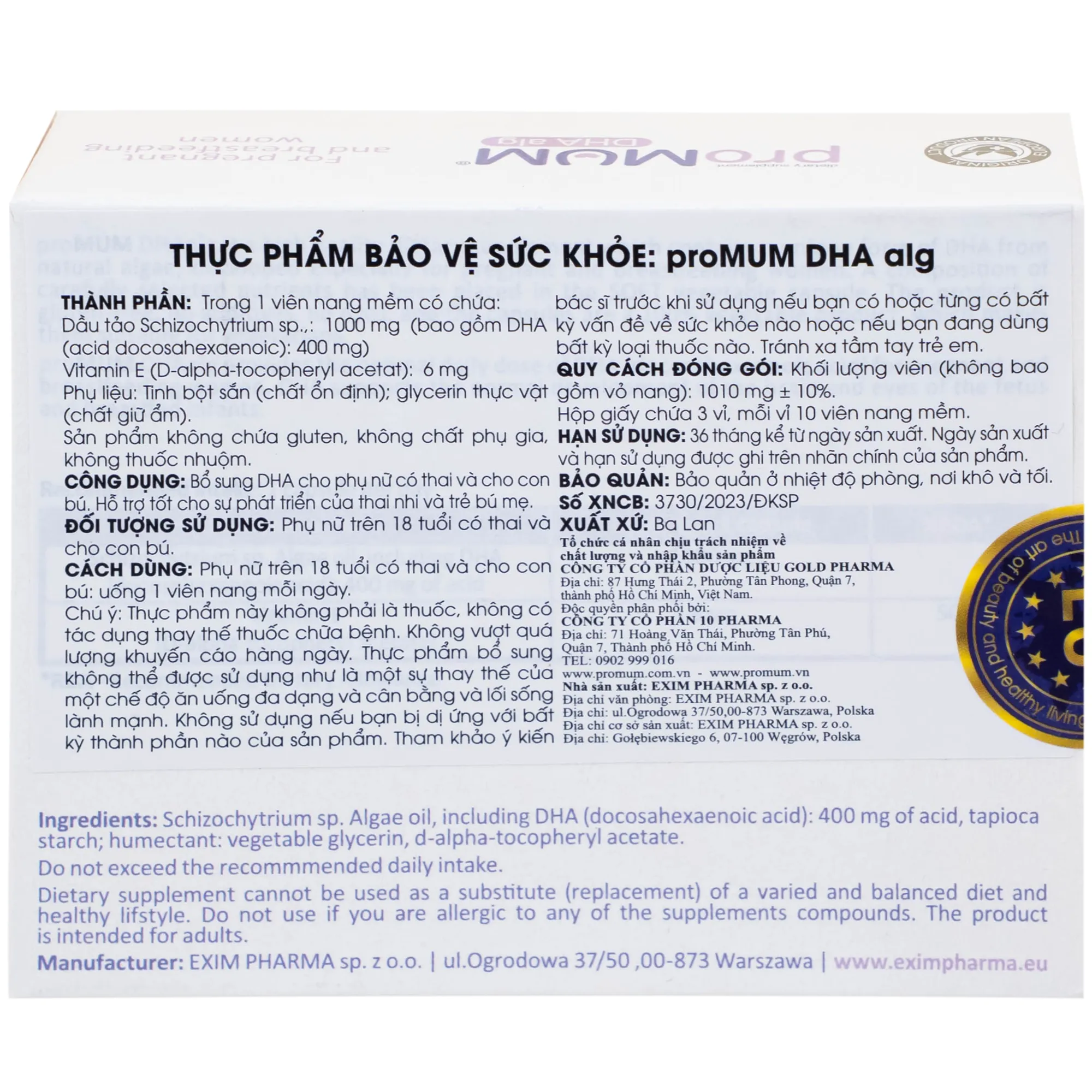 VIÊN UỐNG BỔ SUNG DHA CHO PHỤ NỮ MANG THAI PROMUM DHA ALG 3X10 8
