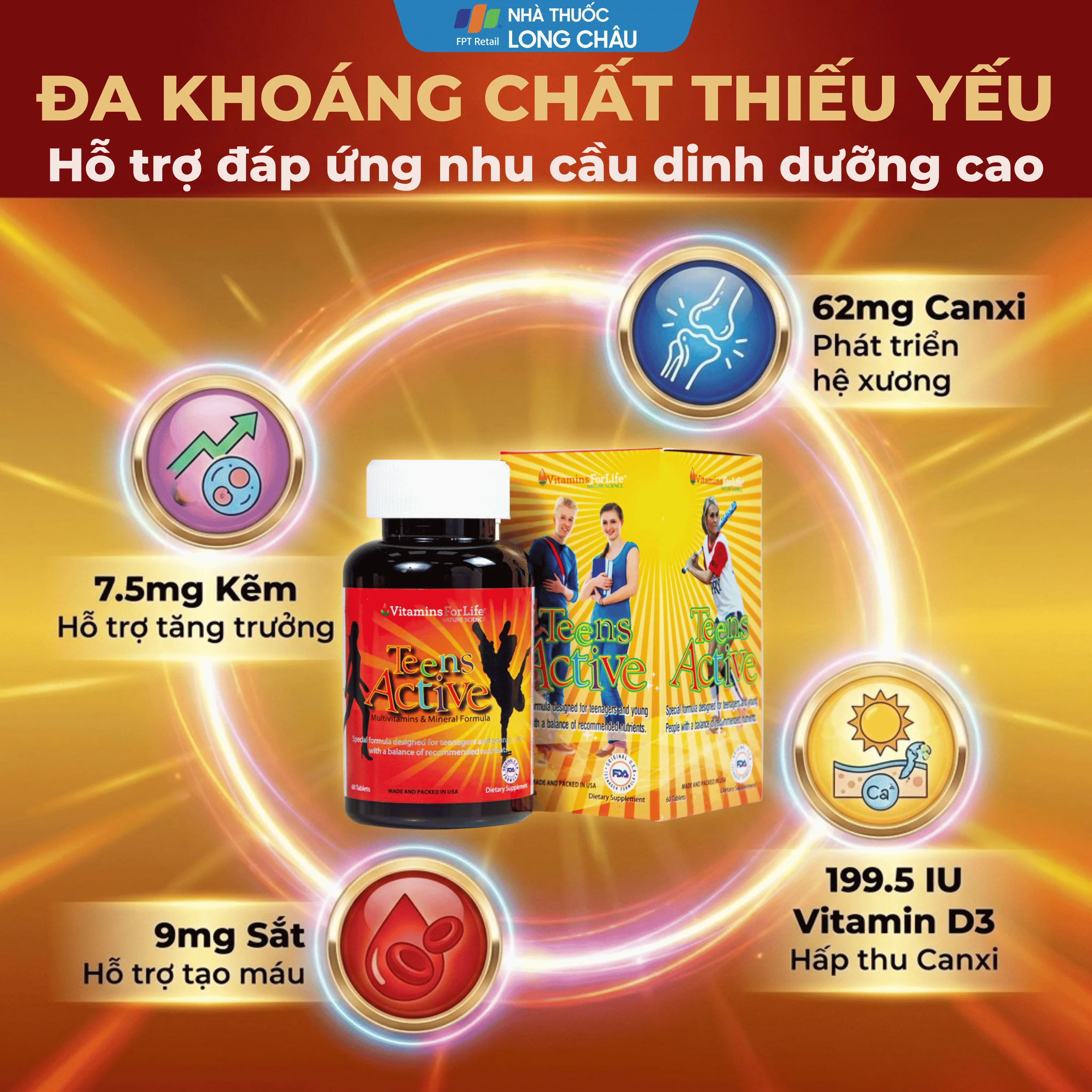 VIÊN UỐNG BỔ SUNG KHOÁNG CHẤT CHO THANH THIẾU NIÊN TEEN ACTIVE VITAMINS FOR LIFE 60V 3