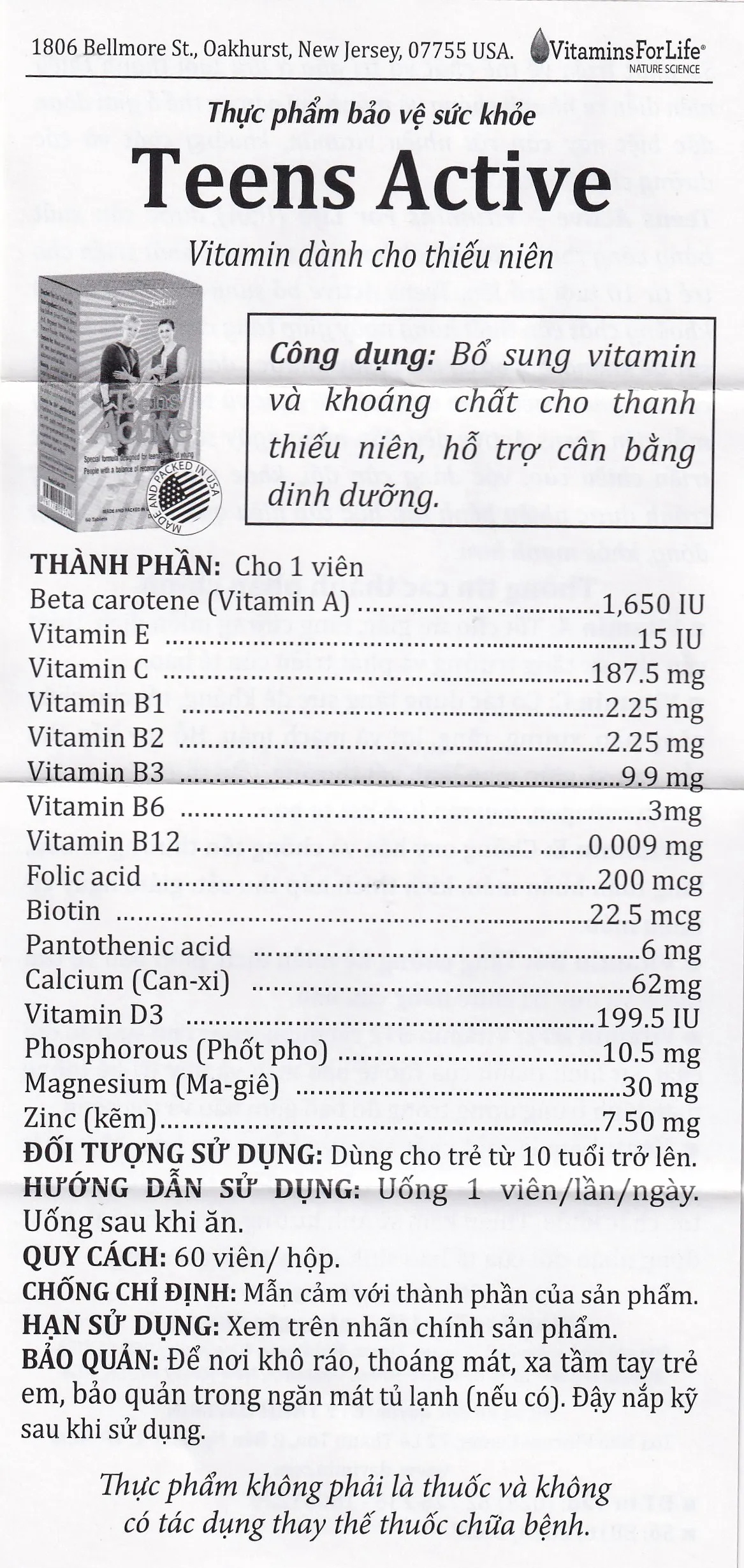 VIÊN UỐNG BỔ SUNG KHOÁNG CHẤT CHO THANH THIẾU NIÊN TEEN ACTIVE VITAMINS FOR LIFE 60V 15