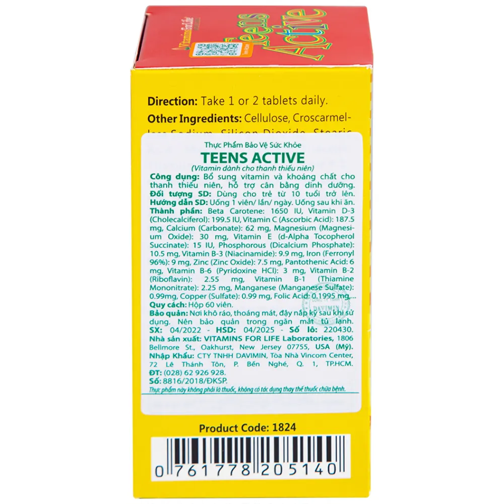 VIÊN UỐNG BỔ SUNG KHOÁNG CHẤT CHO THANH THIẾU NIÊN TEEN ACTIVE VITAMINS FOR LIFE 60V 11