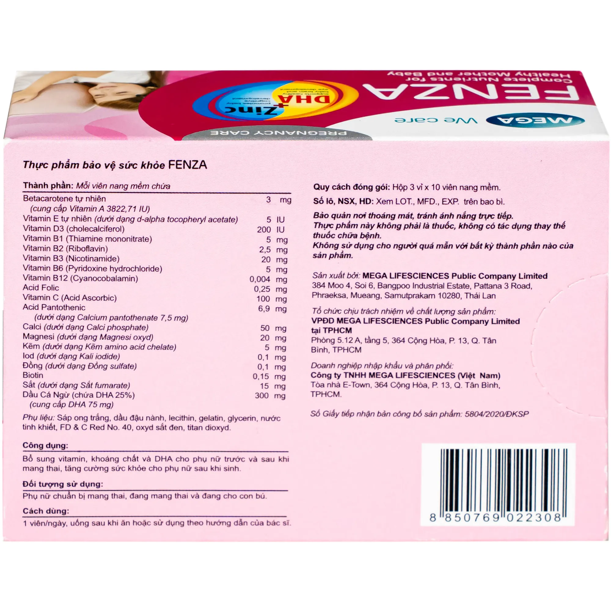 VIÊN UỐNG BỔ SUNG VITAMIN, KHOÁNG CHẤT CHO PHỤ NỮ MANG THAI VÀ CHO CON BÚ FENZA MEGA 3X10 8