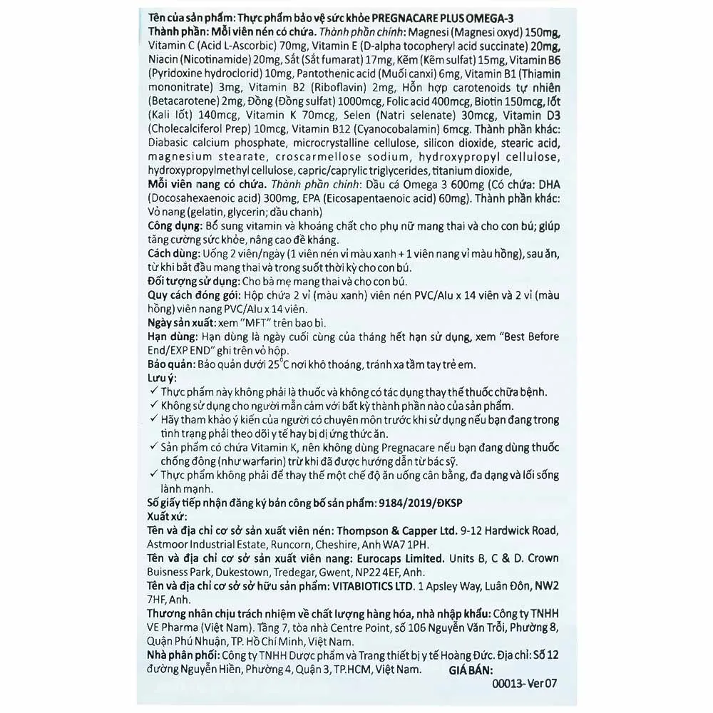 VIÊN UỐNG BỔ SUNG VITAMIN KHOÁNG CHẤT PREGNACARE PLUS OMEGA3 VITABIOTICS 56V 15