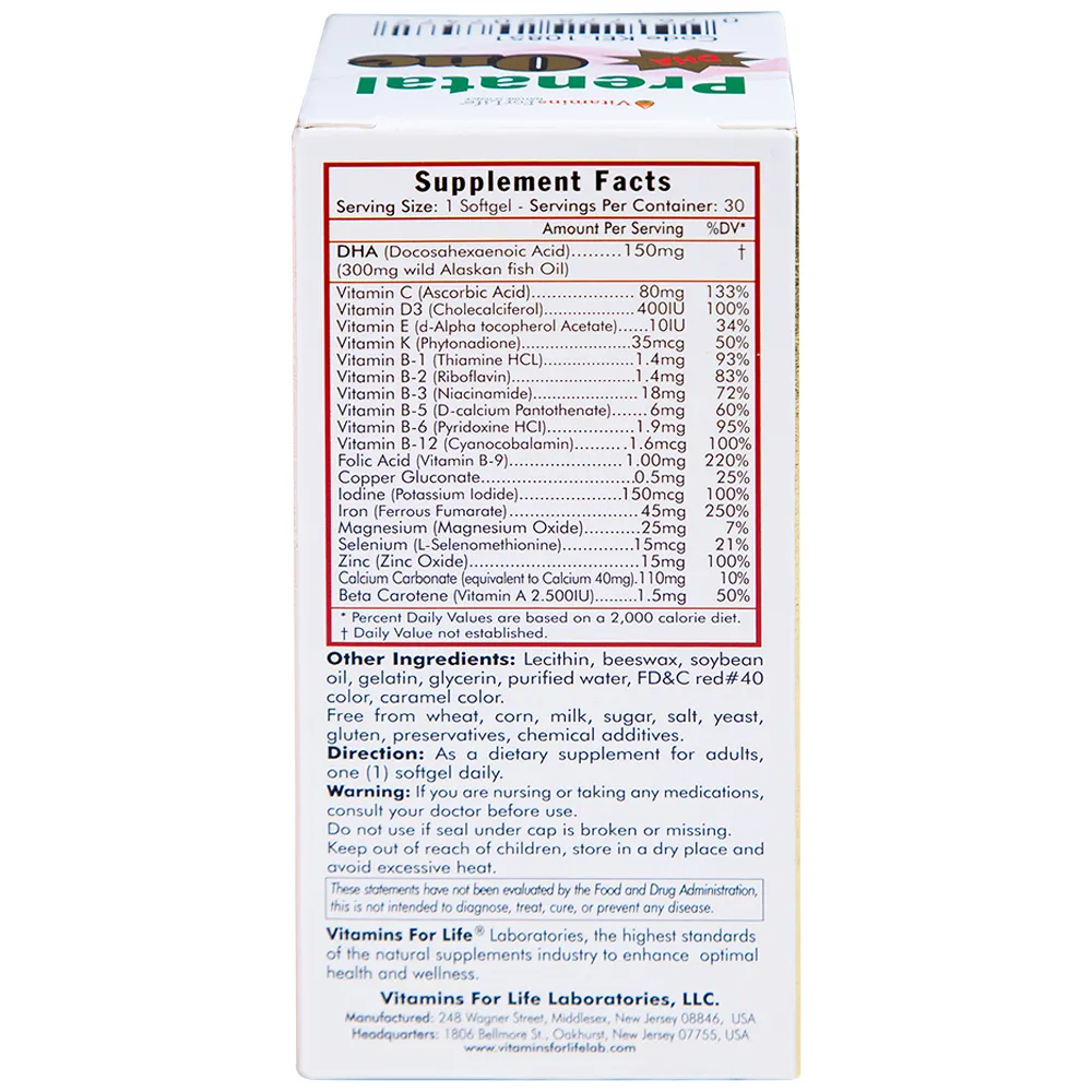 VIÊN UỐNG BỔ SUNG VITAMIN VÀ KHOÁNG CHẤT CHO PHỤ NỮ MANG THAI VÀ SAU KHI SINH PRENATAL ONE 30V 8