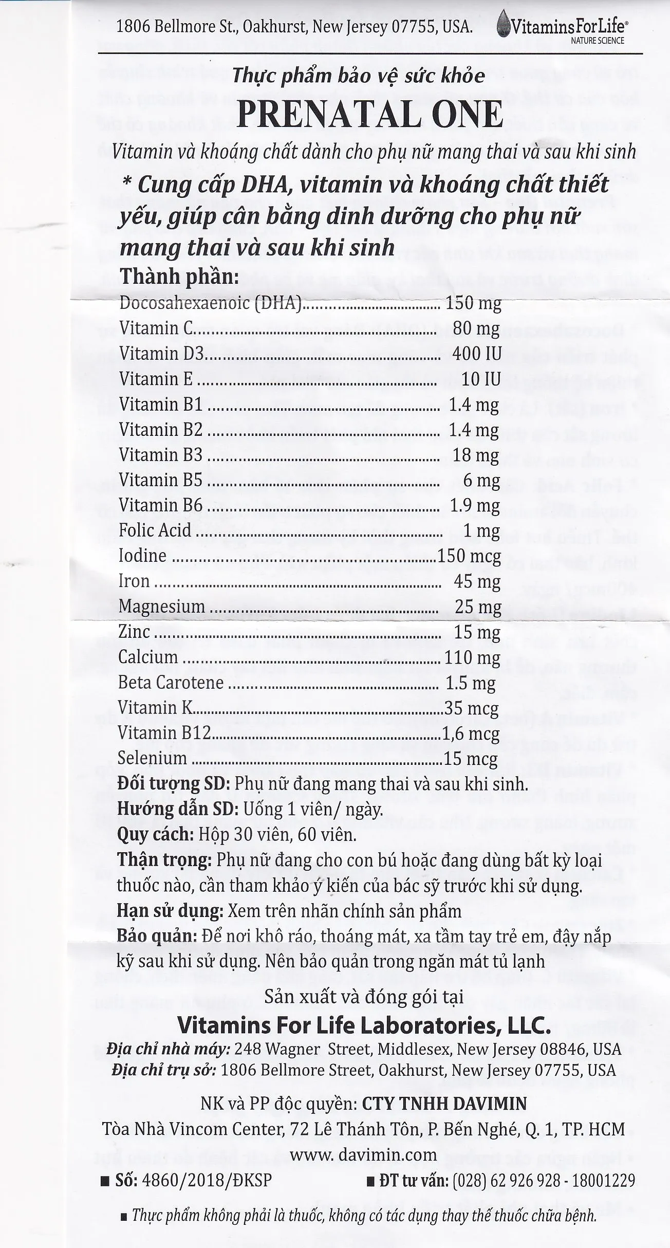 VIÊN UỐNG BỔ SUNG VITAMIN VÀ KHOÁNG CHẤT CHO PHỤ NỮ MANG THAI VÀ SAU KHI SINH PRENATAL ONE 30V 9