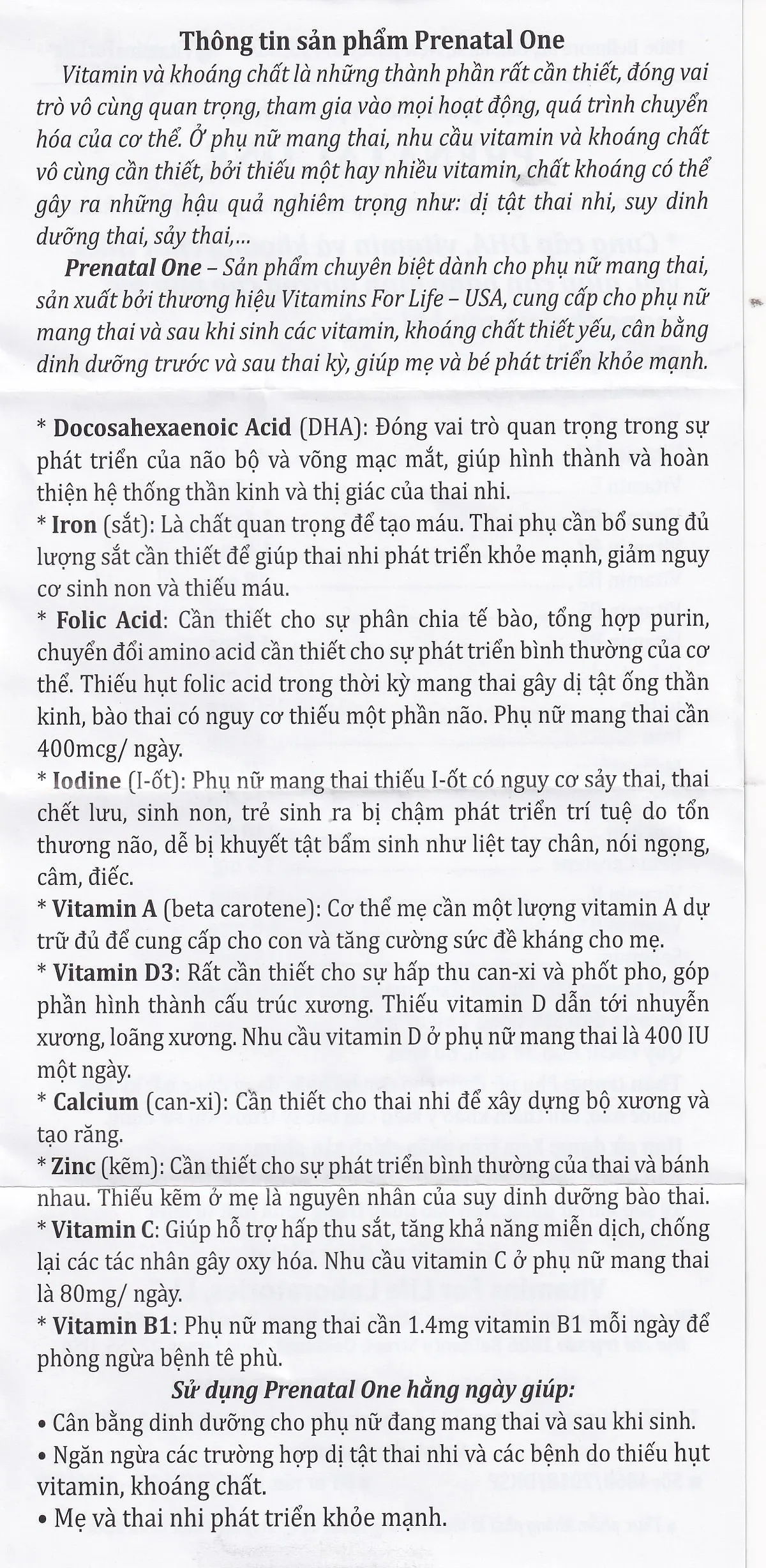 VIÊN UỐNG BỔ SUNG VITAMIN VÀ KHOÁNG CHẤT CHO PHỤ NỮ MANG THAI VÀ SAU KHI SINH PRENATAL ONE 30V 10