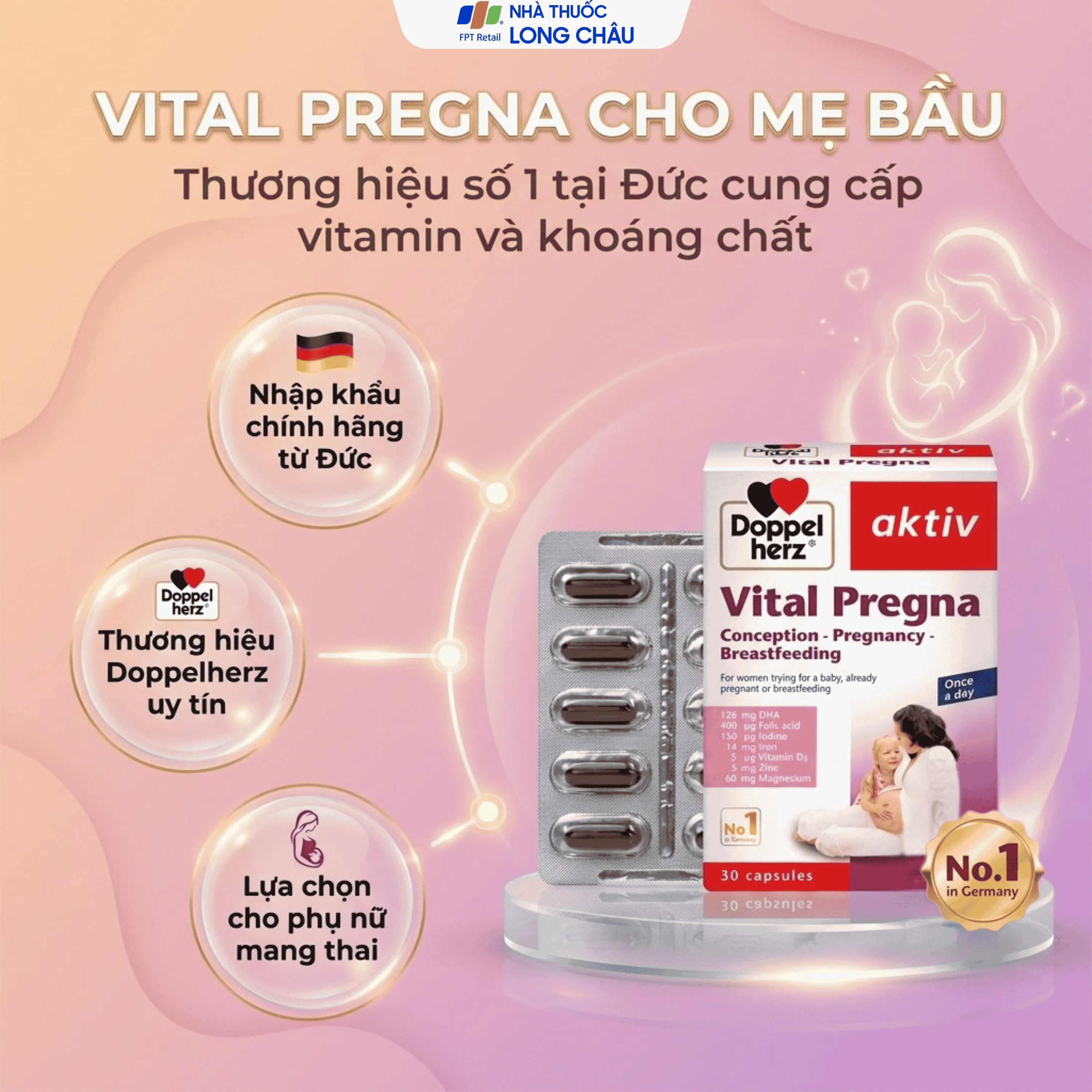 VIÊN UỐNG BỔ SUNG VITAMIN VÀ KHOÁNG CHẤT CHO PHỤ NỮ MANG THAI DOPPELHERZ AKTIV VITAL PREGNA 30V 3