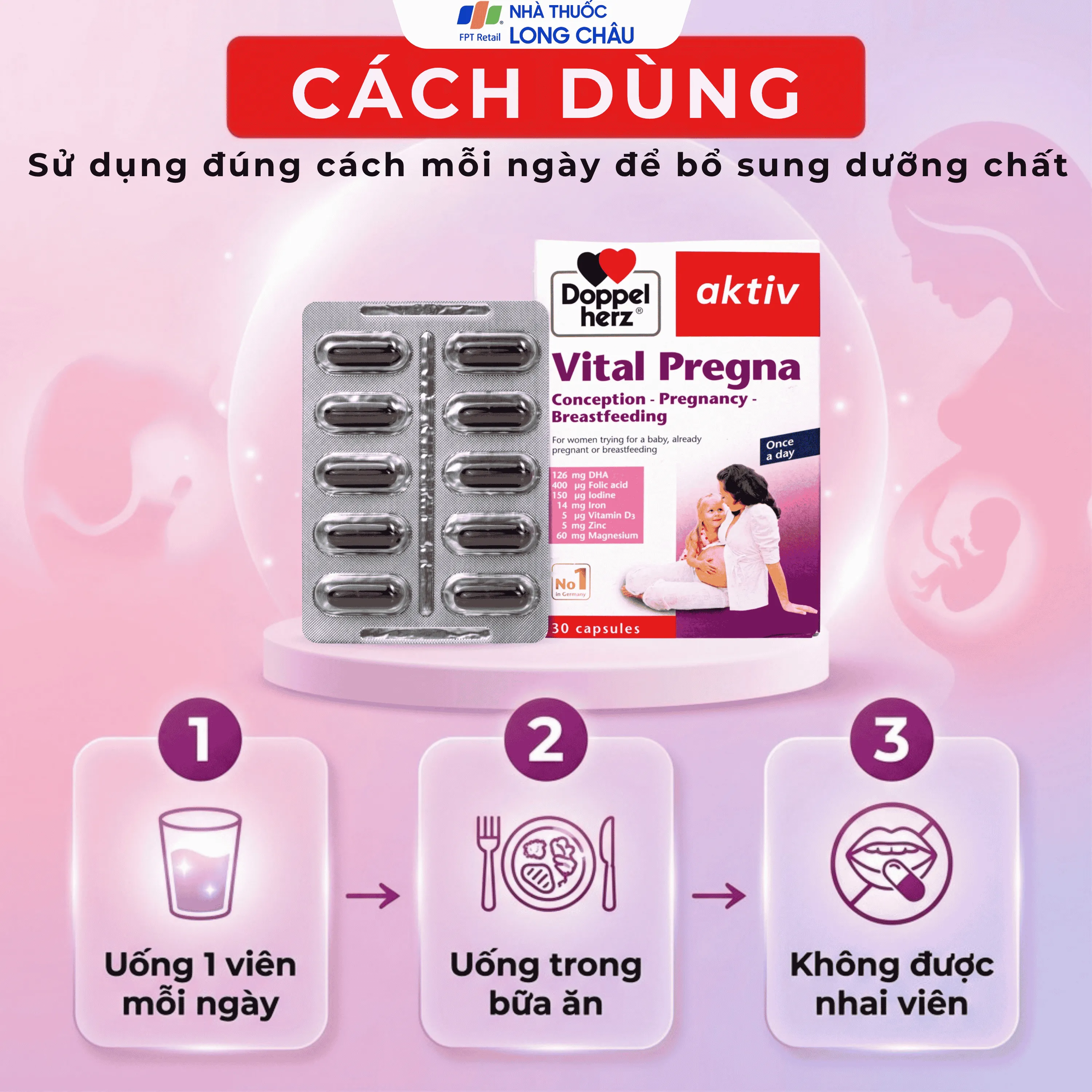 VIÊN UỐNG BỔ SUNG VITAMIN VÀ KHOÁNG CHẤT CHO PHỤ NỮ MANG THAI DOPPELHERZ AKTIV VITAL PREGNA 30V 6