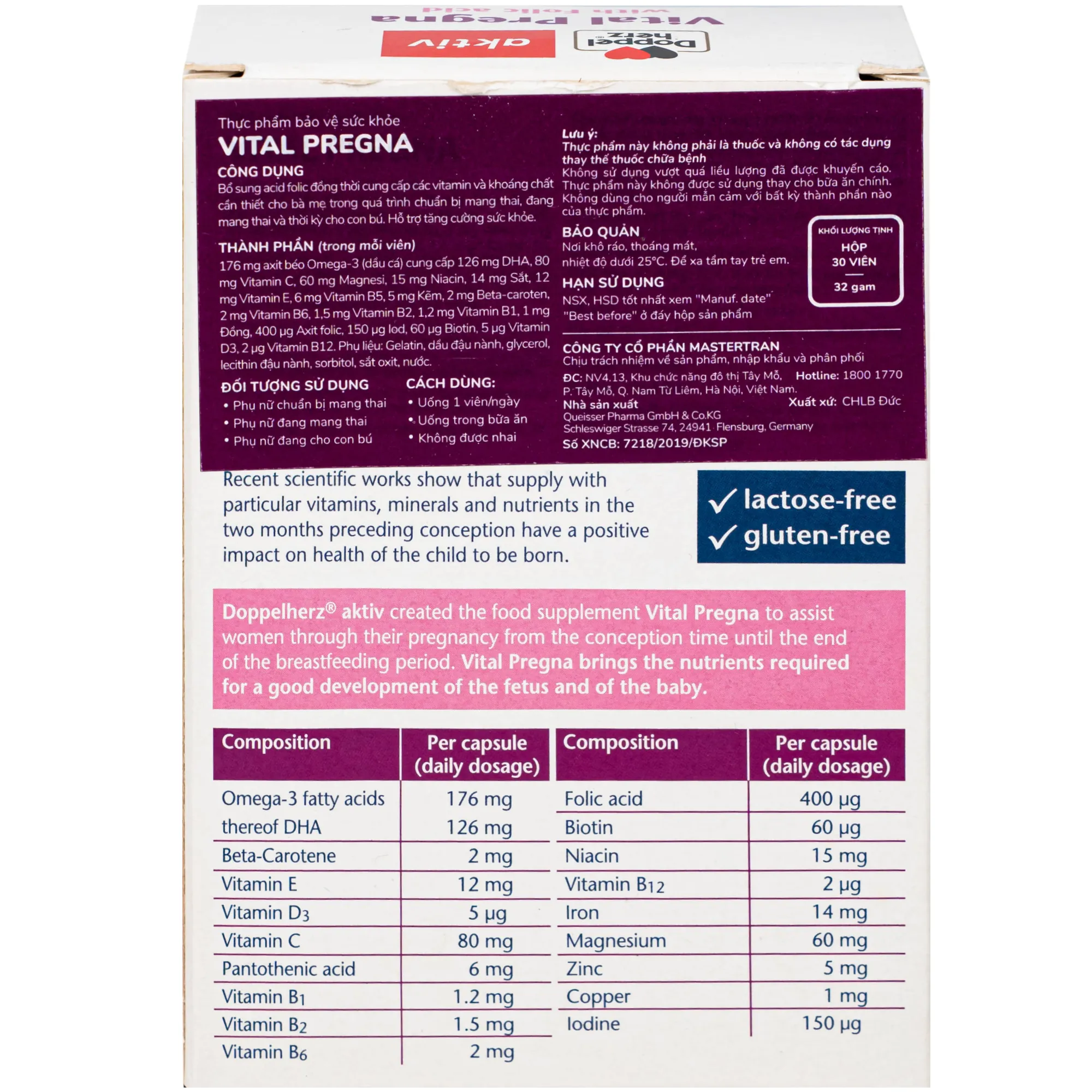 VIÊN UỐNG BỔ SUNG VITAMIN VÀ KHOÁNG CHẤT CHO PHỤ NỮ MANG THAI DOPPELHERZ AKTIV VITAL PREGNA 30V 8