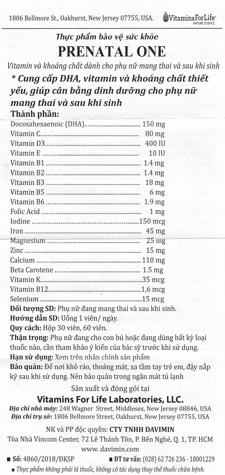 VIÊN UỐNG BỔ SUNG VITAMIN VÀ KHOÁNG CHẤT CHO PHỤ NỮ MANG THAI VÀ SAU KHI SINH PRENATAL ONE 60V 14