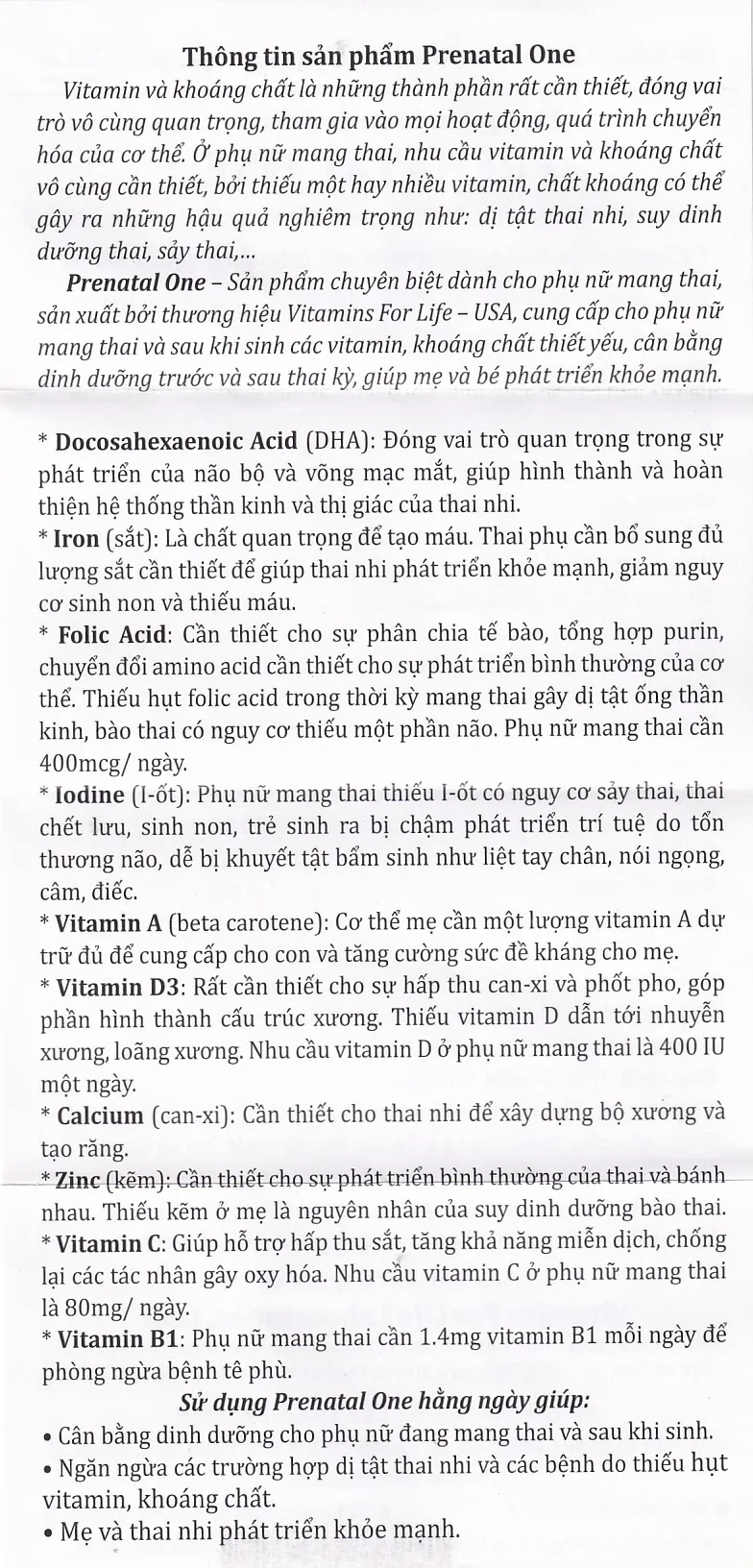 VIÊN UỐNG BỔ SUNG VITAMIN VÀ KHOÁNG CHẤT CHO PHỤ NỮ MANG THAI VÀ SAU KHI SINH PRENATAL ONE 60V 15