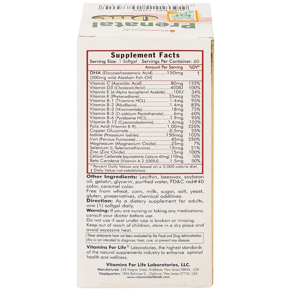 VIÊN UỐNG BỔ SUNG VITAMIN VÀ KHOÁNG CHẤT CHO PHỤ NỮ MANG THAI VÀ SAU KHI SINH PRENATAL ONE 60V 9