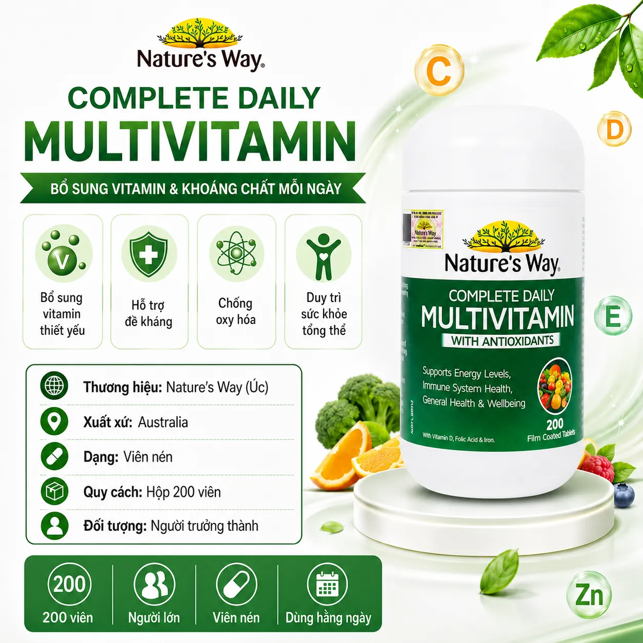 VIÊN UỐNG BỔ SUNG VITAMIN VÀ KHOÁNG CHẤT, GIÚP TĂNG ĐỀ KHÁNG NATURE'S WAY COMPLETE DAILY MULTIVITAMIN 200V 2