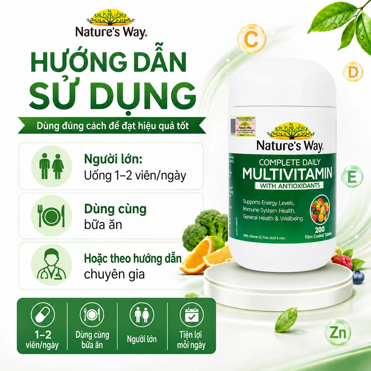 VIÊN UỐNG BỔ SUNG VITAMIN VÀ KHOÁNG CHẤT, GIÚP TĂNG ĐỀ KHÁNG NATURE'S WAY COMPLETE DAILY MULTIVITAMIN 200V 3