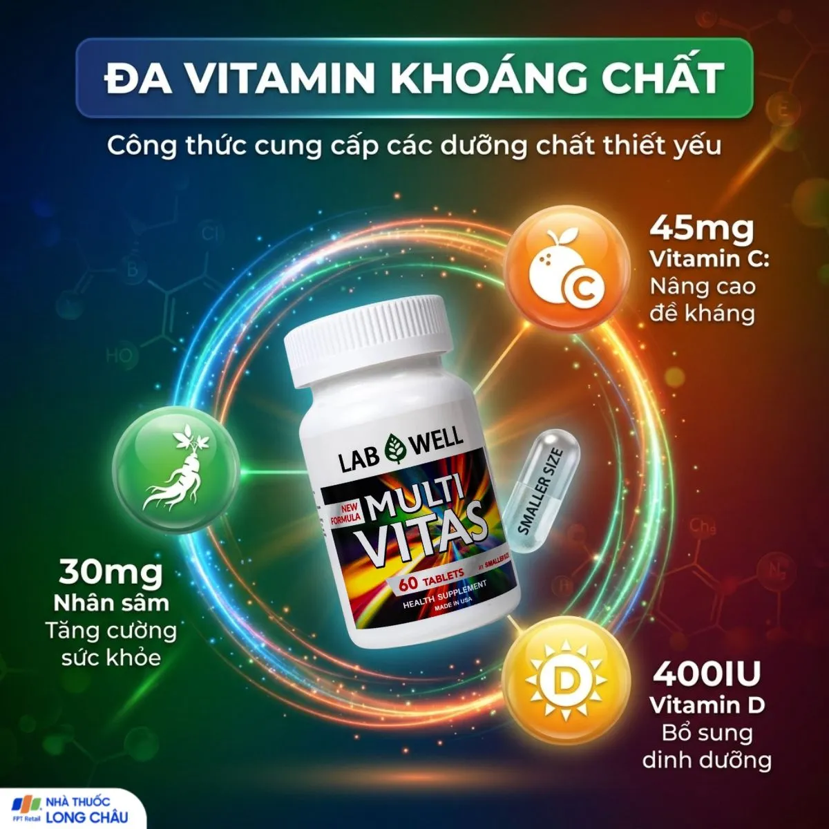VIÊN UỐNG BỔ SUNG VITAMIN VÀ KHOÁNG CHẤT LAB WELL MULTI VITAS 60V 4