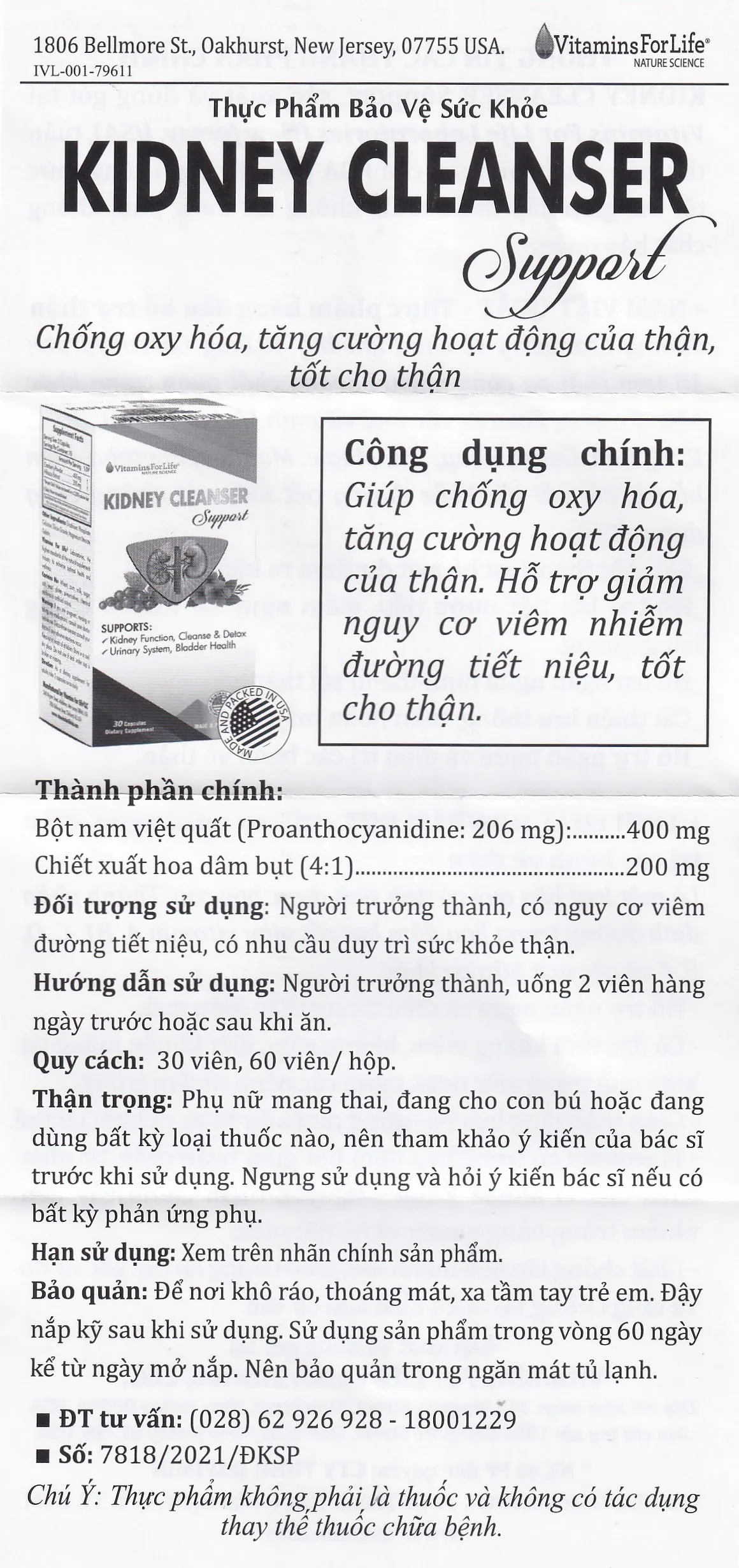 VIÊN UỐNG BỔ THẬN KIDNEY CLEANSER SUPPORT VITAMINS FOR LIFE 30V 13