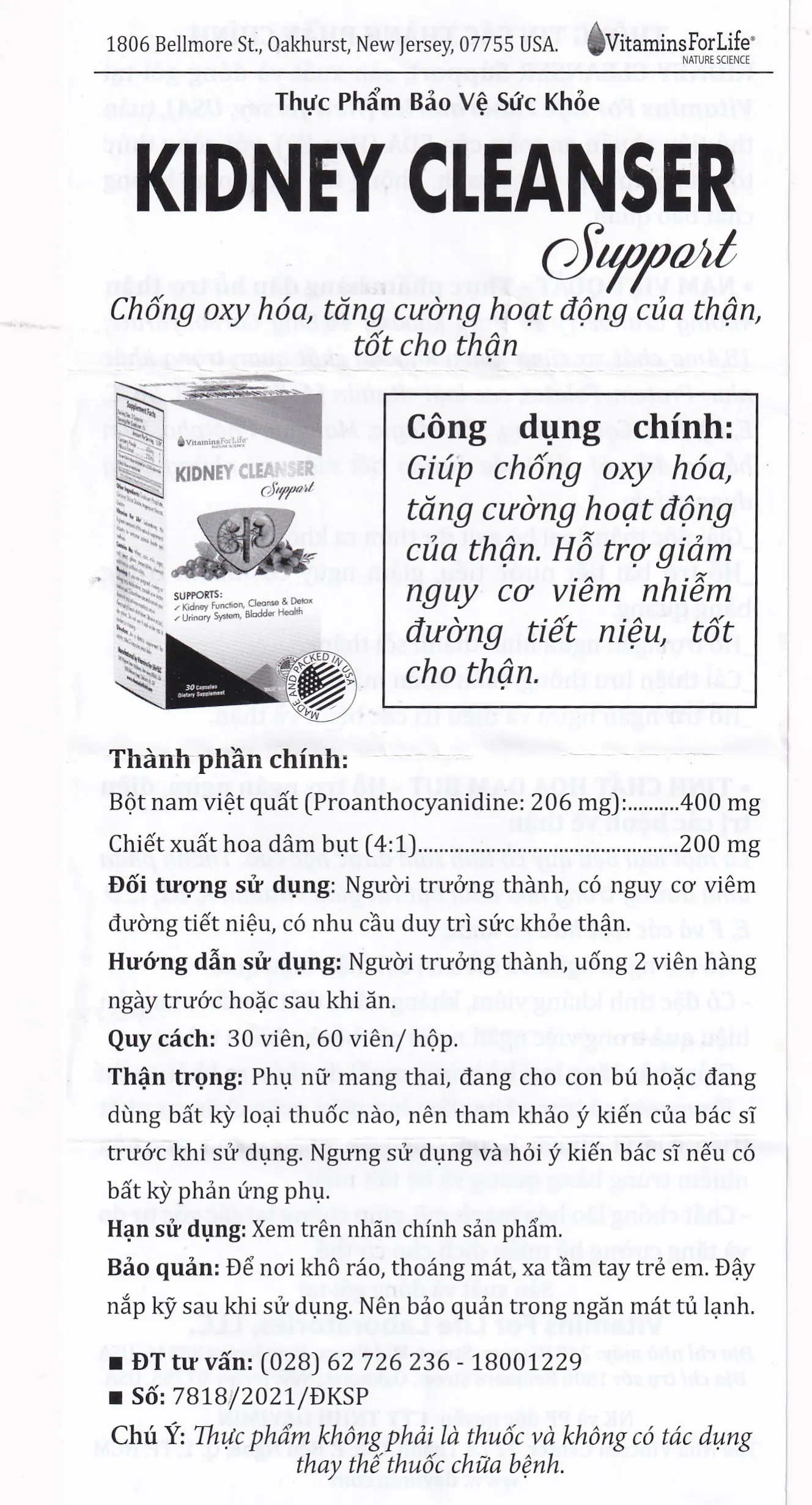 VIÊN UỐNG BỔ THẬN KIDNEY CLEANSER SUPPORT VITAMINS FOR LIFE 30V 11