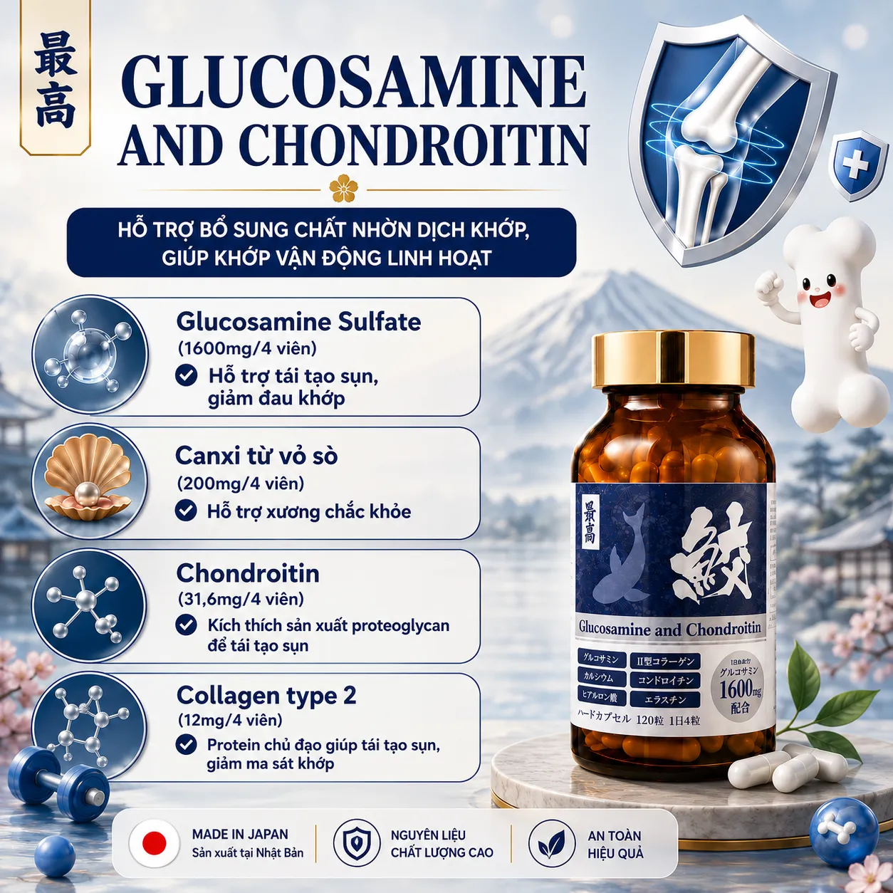 VIÊN UỐNG BỔ XƯƠNG KHỚP GLUCOSAMINE AND CHONDROITIN JPANWELL 120V 3