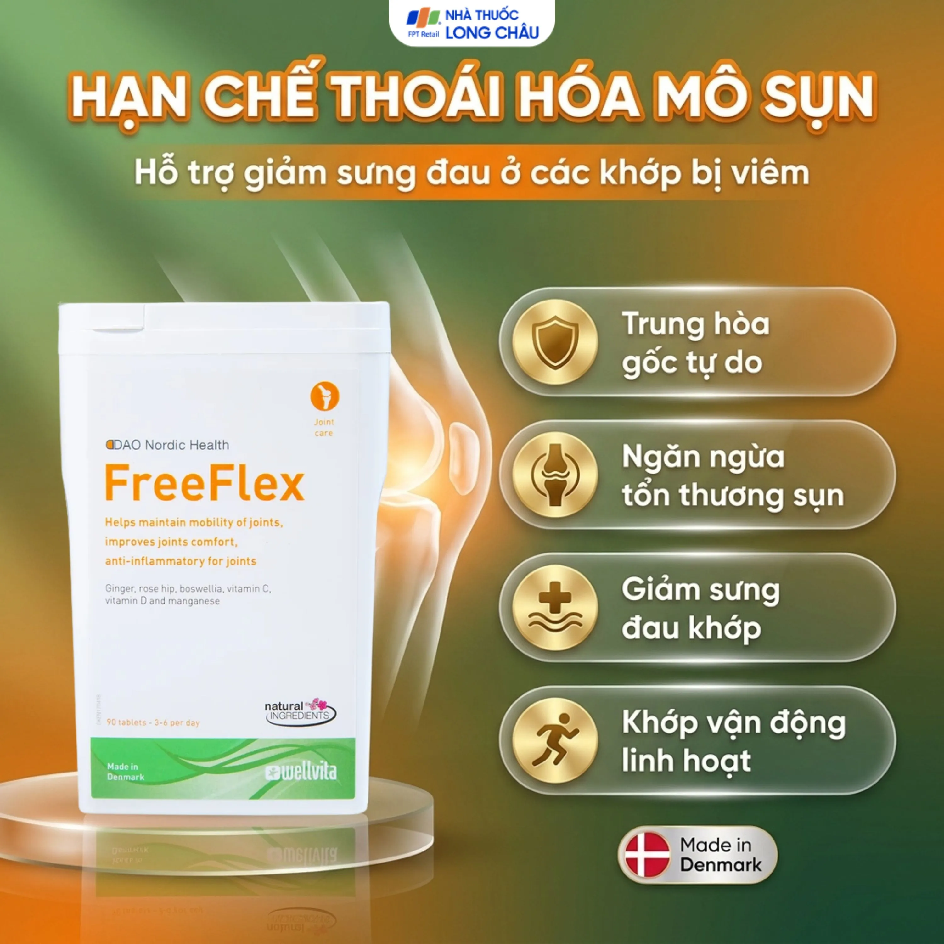 VIÊN UỐNG CHỐNG VIÊM KHỚP, HẠN CHẾ THOÁI HÓA KHỚP FREE FLEX DAO NORDIC 90V 3