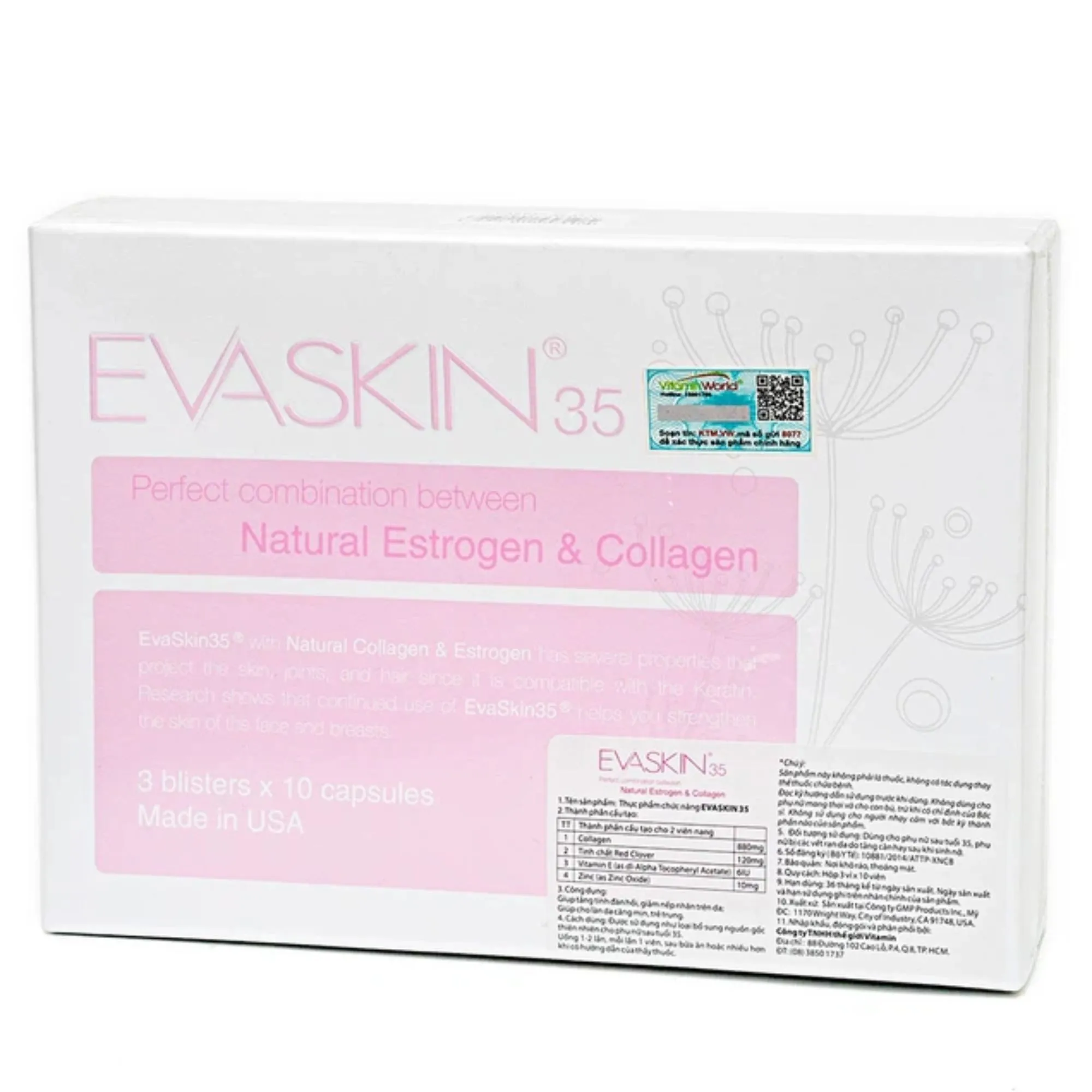 Viên uống Evaskin 35 GMP – Cải thiện đàn hồi da, giảm nếp nhăn (Hộp 3 vỉ x 10 viên)