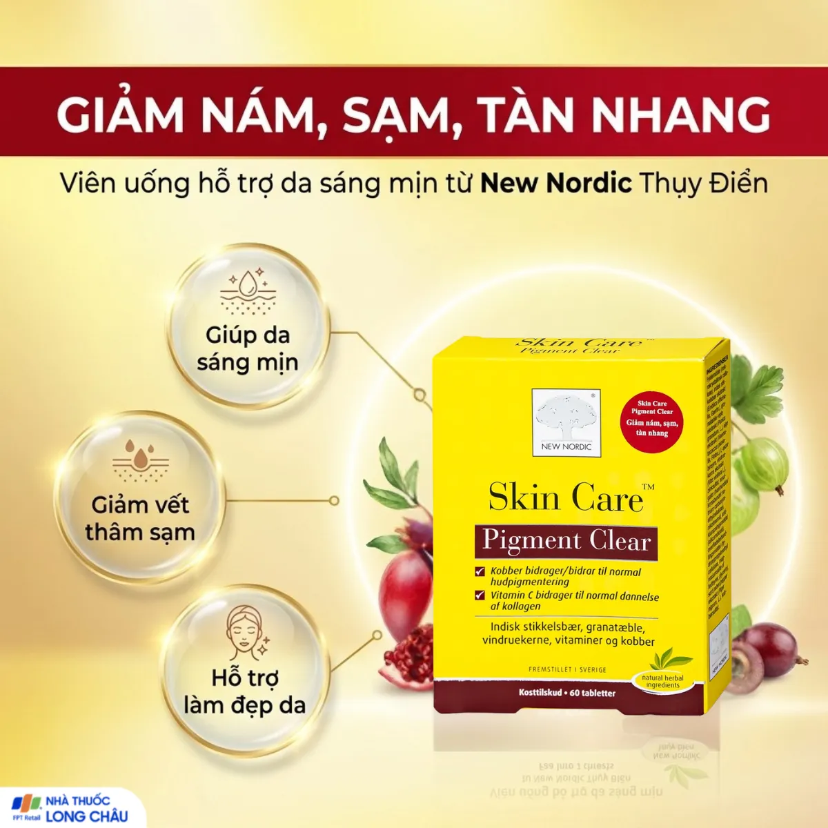 VIÊN UỐNG GIẢM VẾT THÂM, SẠM,TÀN NHANG, GIÚP DA SÁNG MỊN SKIN CARE PIGMENT CLEAR NEW NORDIC 60V 2
