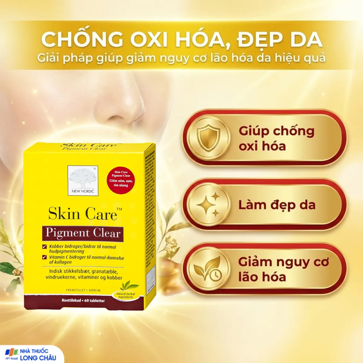VIÊN UỐNG GIẢM VẾT THÂM, SẠM,TÀN NHANG, GIÚP DA SÁNG MỊN SKIN CARE PIGMENT CLEAR NEW NORDIC 60V 3