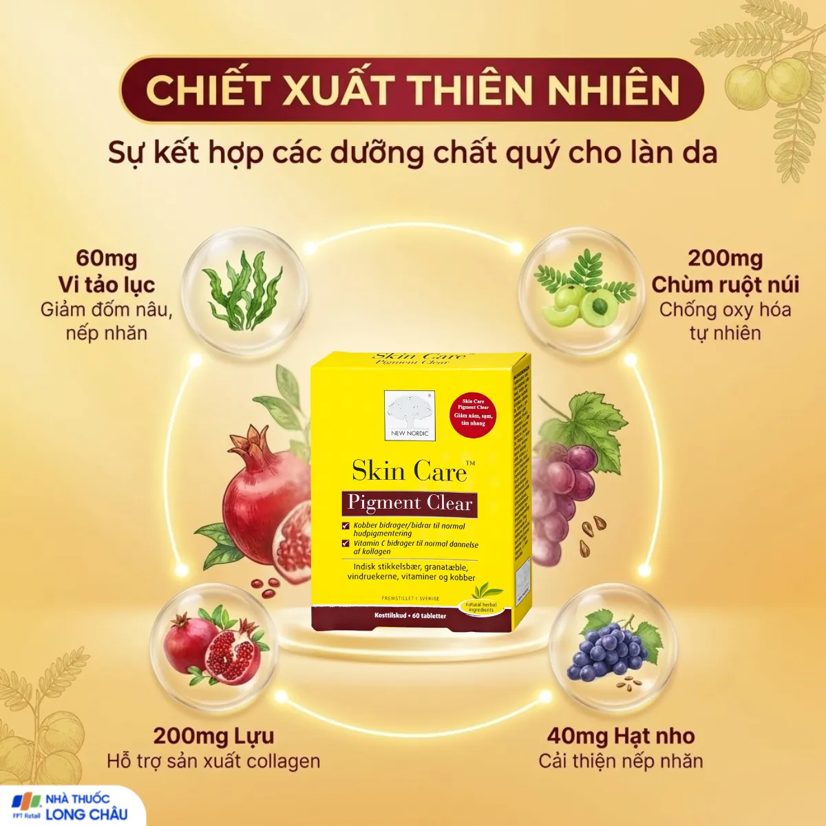 VIÊN UỐNG GIẢM VẾT THÂM, SẠM,TÀN NHANG, GIÚP DA SÁNG MỊN SKIN CARE PIGMENT CLEAR NEW NORDIC 60V 4