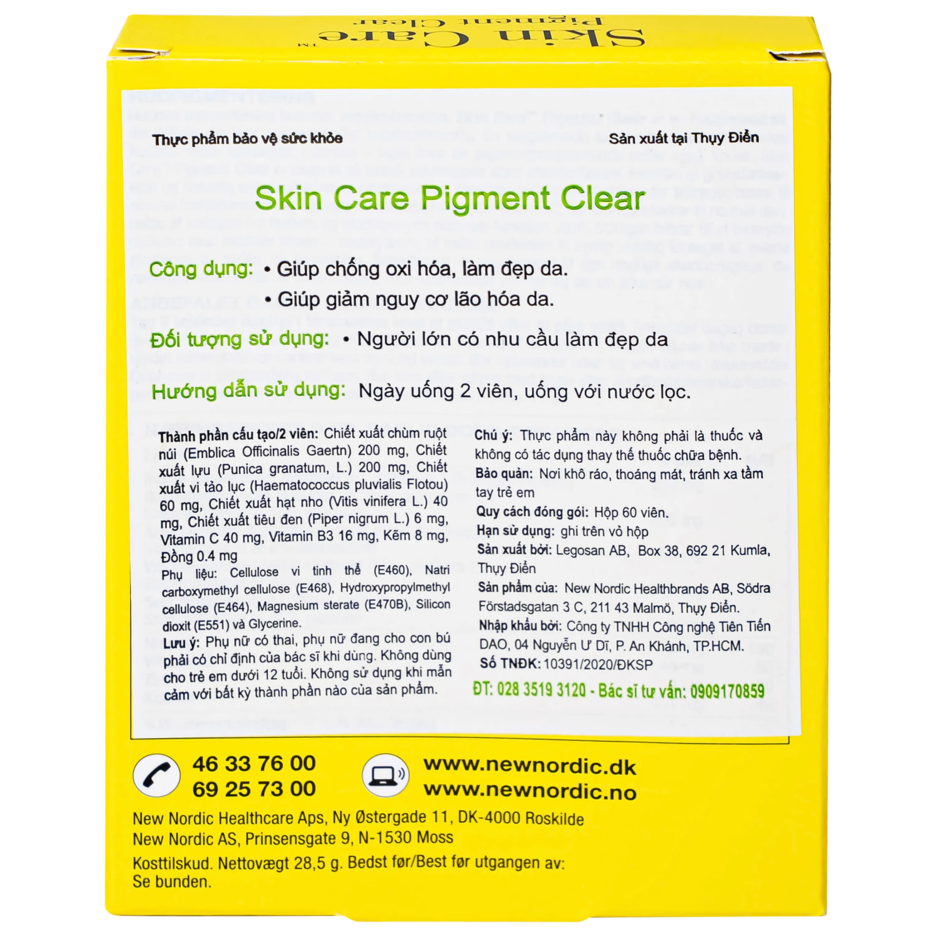 VIÊN UỐNG GIẢM VẾT THÂM, SẠM,TÀN NHANG, GIÚP DA SÁNG MỊN SKIN CARE PIGMENT CLEAR NEW NORDIC 60V 8
