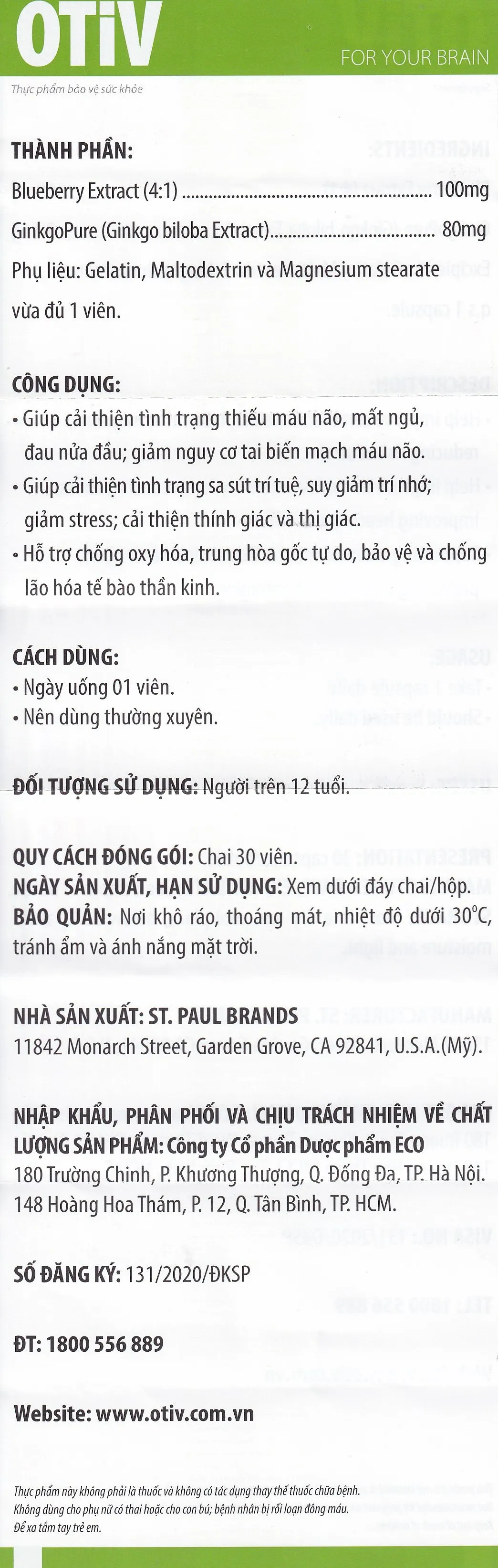 VIÊN UỐNG GIÚP CẢI THIỆN TÌNH TRẠNG THIẾU MÁU NÃO OTIV ECOGREEN 30V 12