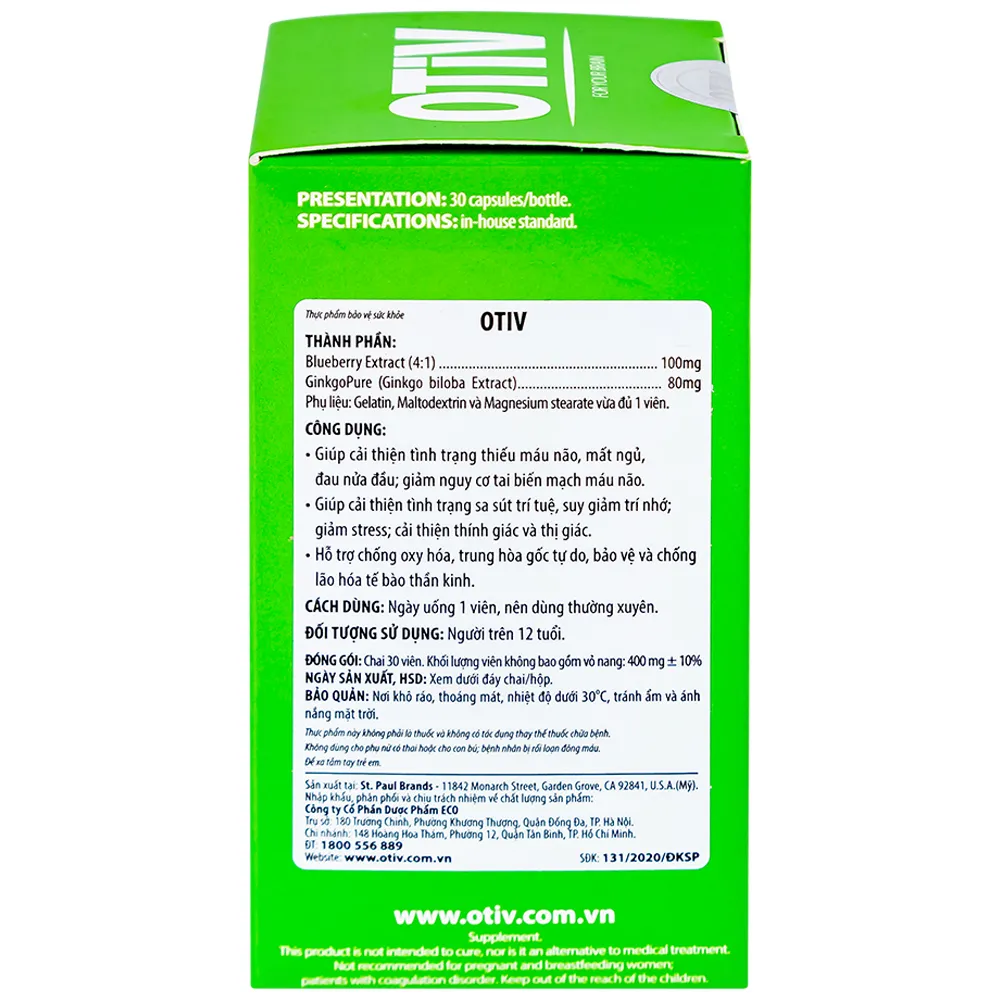 VIÊN UỐNG GIÚP CẢI THIỆN TÌNH TRẠNG THIẾU MÁU NÃO OTIV ECOGREEN 30V 10