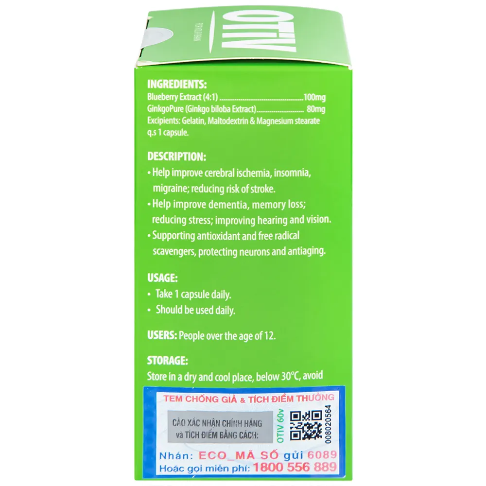 VIÊN UỐNG GIÚP CẢI THIỆN TÌNH TRẠNG THIẾU MÁU NÃO OTIV ECOGREEN 60V 10