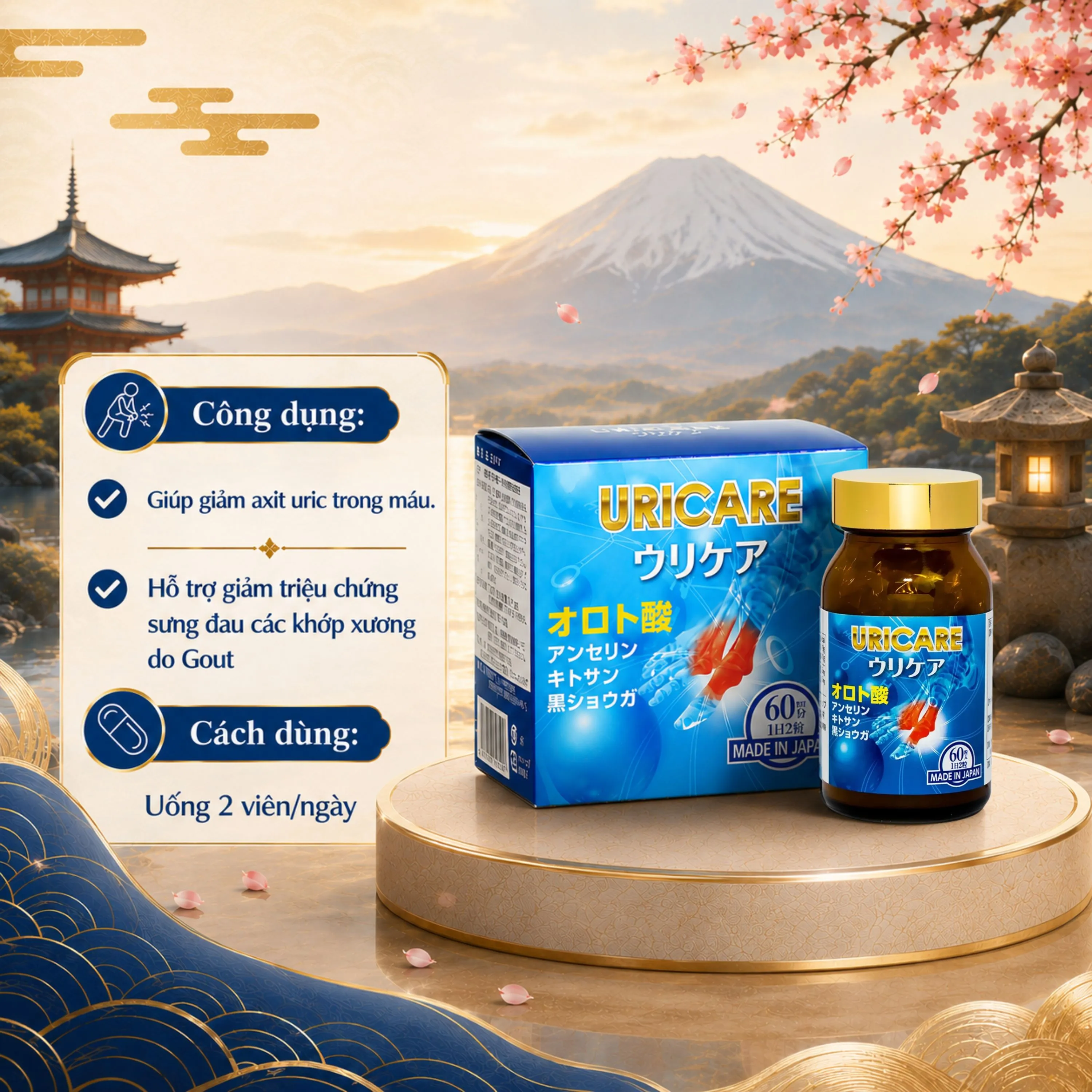 VIÊN UỐNG GIÚP GIẢM ACID URIC TRONG MÁU, GIẢM SƯNG ĐAU KHỚP DO GOUT URICARE JPANWELL 60V 4