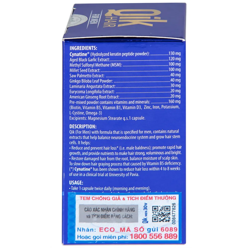 VIÊN UỐNG GIÚP GIẢM RỤNG TÓC Ở NAM GIỚI QIK HAIR FOR MEN ECOGREEN 30V 15