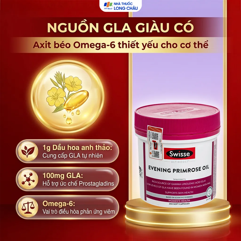 VIÊN UỐNG GIÚP GIẢM TRIỆU CHỨNG TIỀN KINH NGUYỆT SWISSE ULTIBOOST EVENING PRIMROSE OIL 200V 3