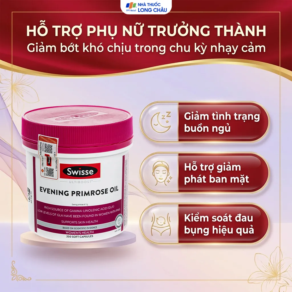 VIÊN UỐNG GIÚP GIẢM TRIỆU CHỨNG TIỀN KINH NGUYỆT SWISSE ULTIBOOST EVENING PRIMROSE OIL 200V 4