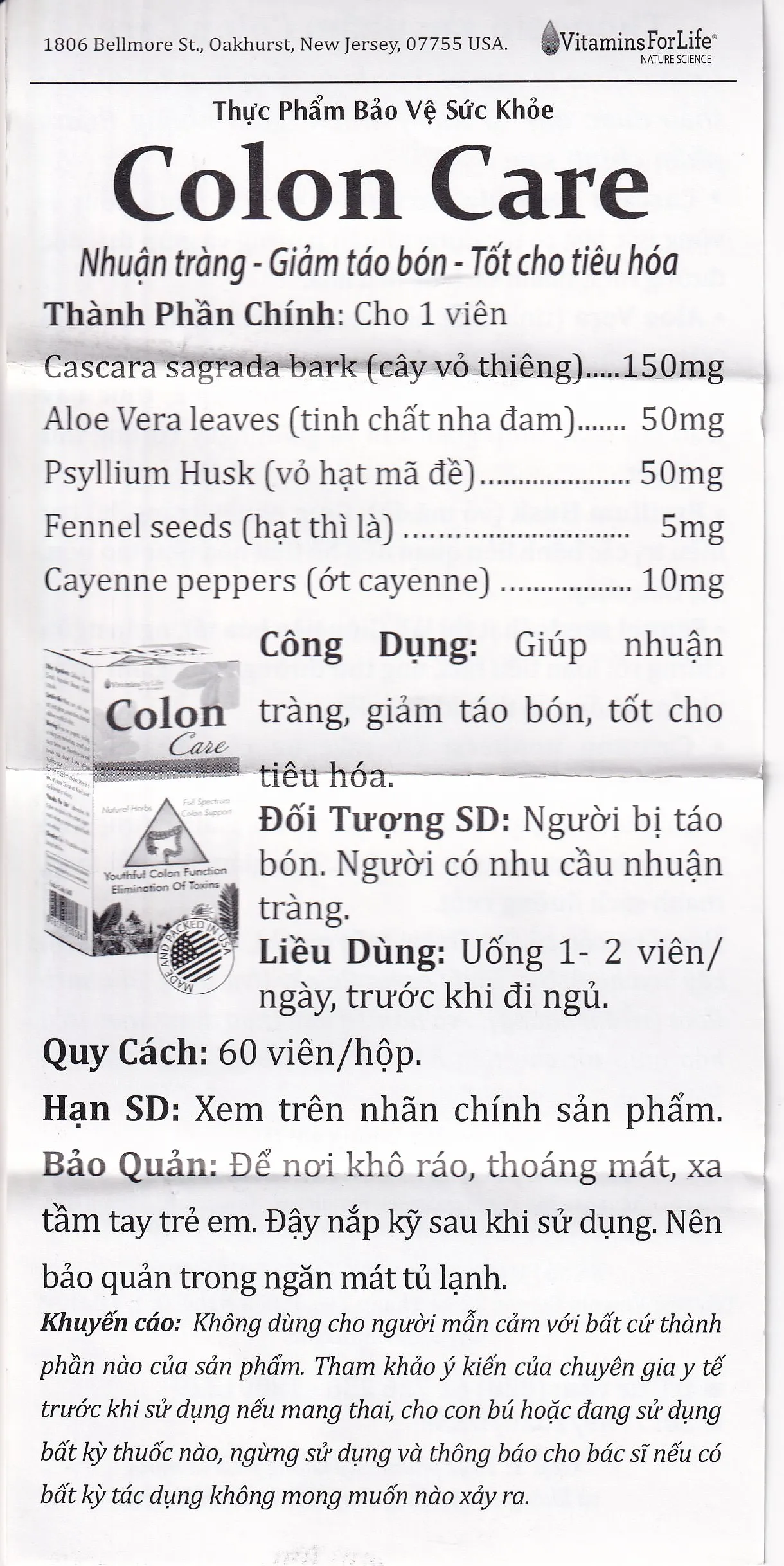 VIÊN UỐNG GIÚP NHUẬN TRÀNG, GIẢM TÁO BÓN COLON CARE VITAMINS FOR LIFE 60V 13