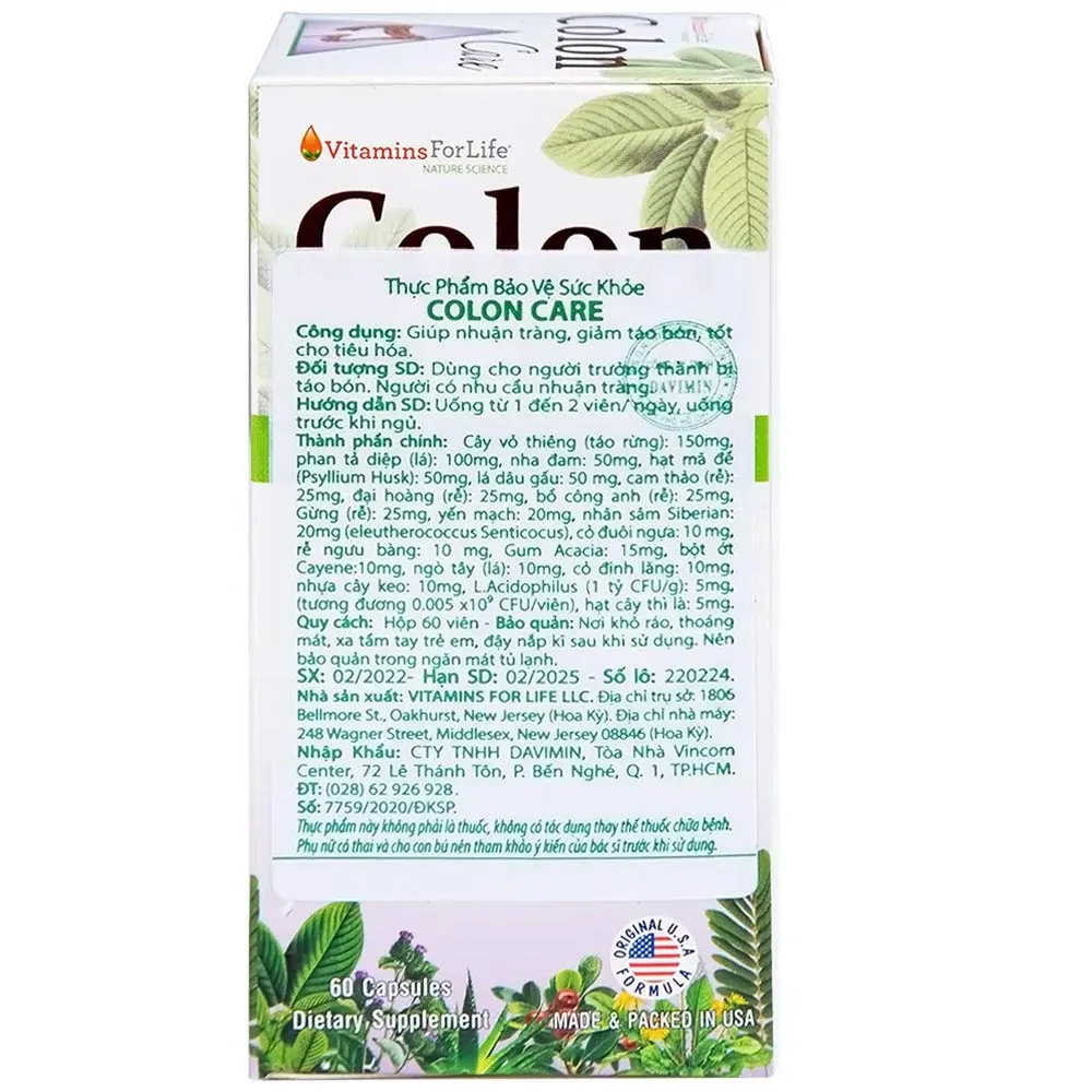 VIÊN UỐNG GIÚP NHUẬN TRÀNG, GIẢM TÁO BÓN COLON CARE VITAMINS FOR LIFE 60V 15