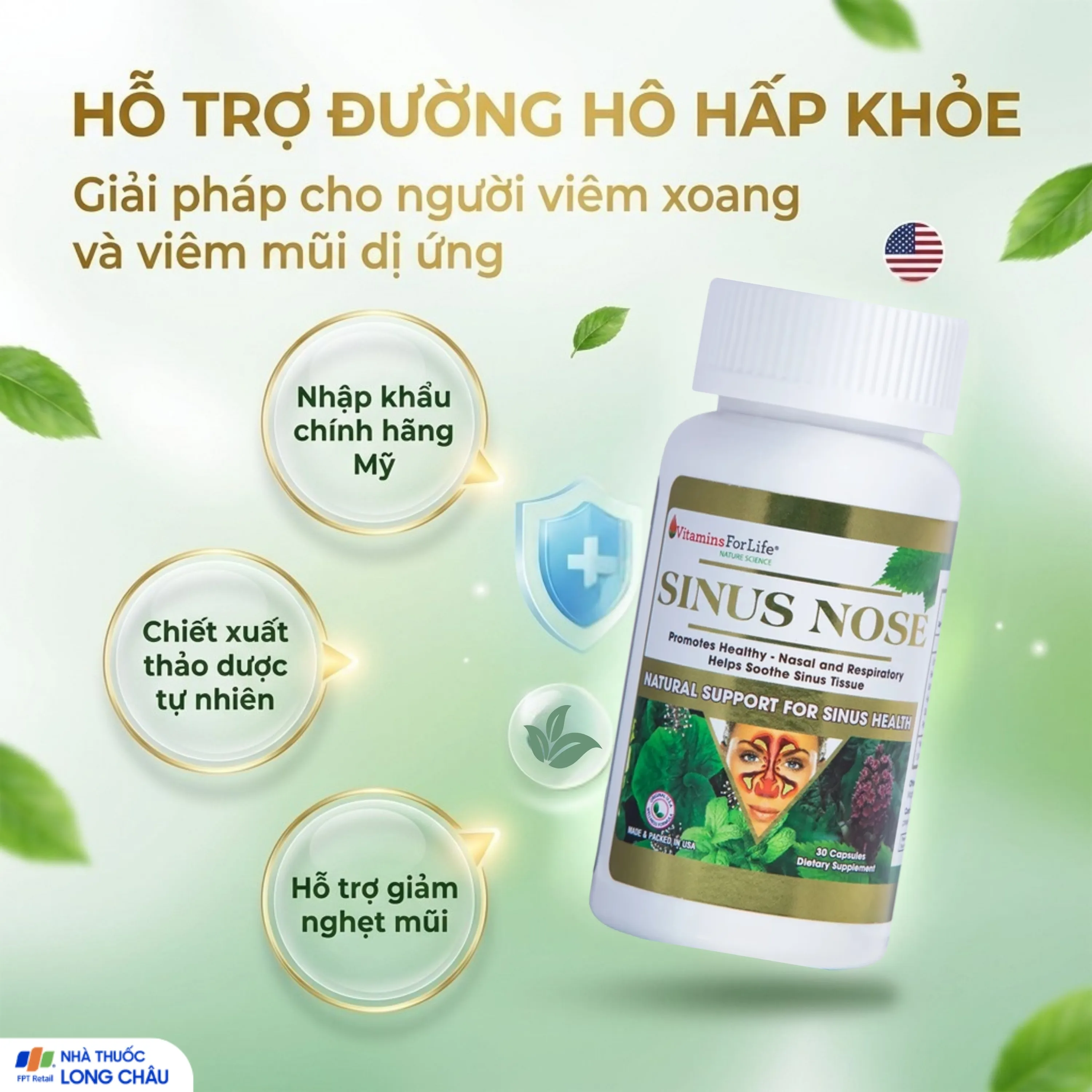 VIÊN UỐNG HỖ TRỢ ĐƯỜNG HÔ HẤP- VIÊM XOANG-VIÊM MŨI DỊ ỨNG SINUS NOSE VITAMINS FOR LIFE 30V 2