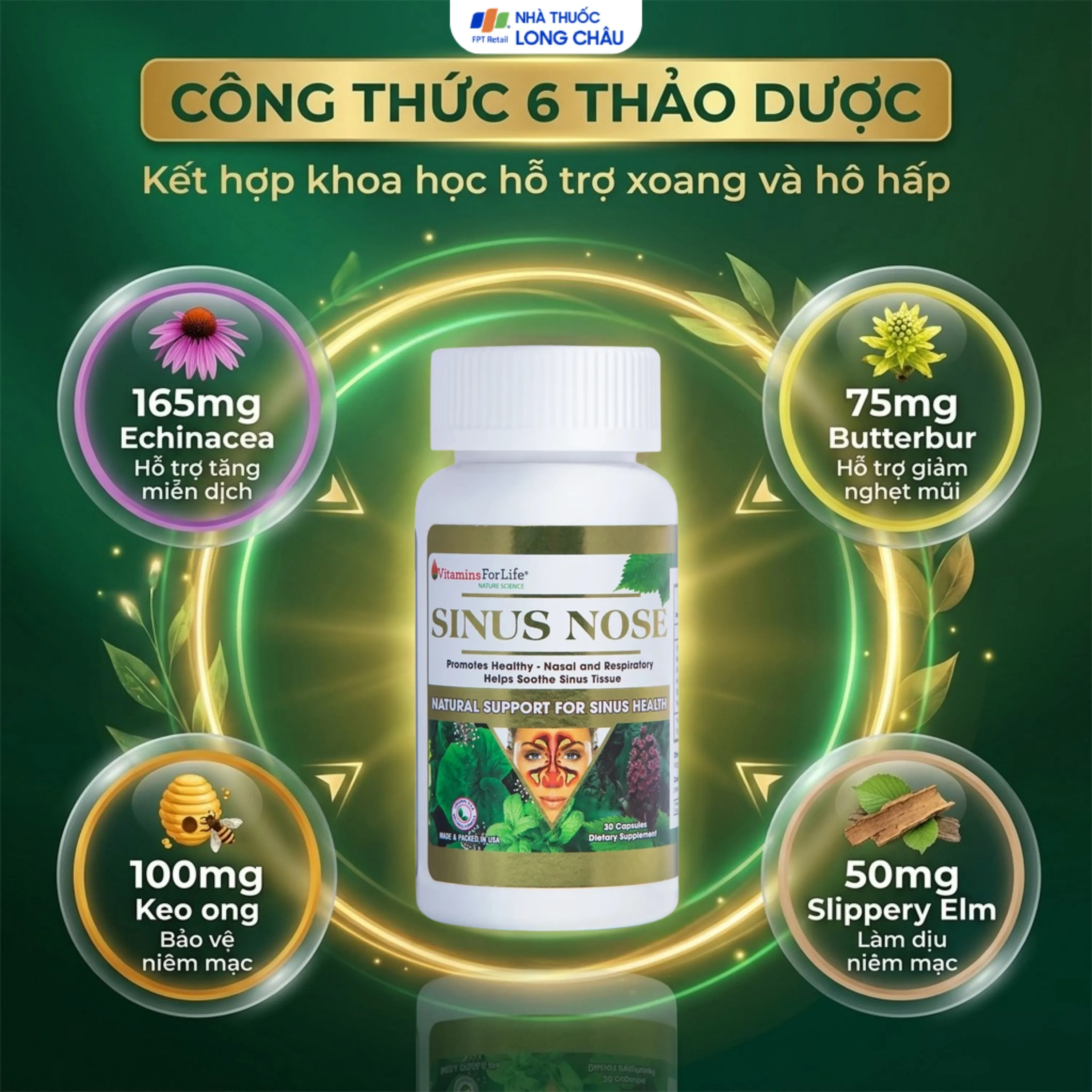 VIÊN UỐNG HỖ TRỢ ĐƯỜNG HÔ HẤP- VIÊM XOANG-VIÊM MŨI DỊ ỨNG SINUS NOSE VITAMINS FOR LIFE 30V 3