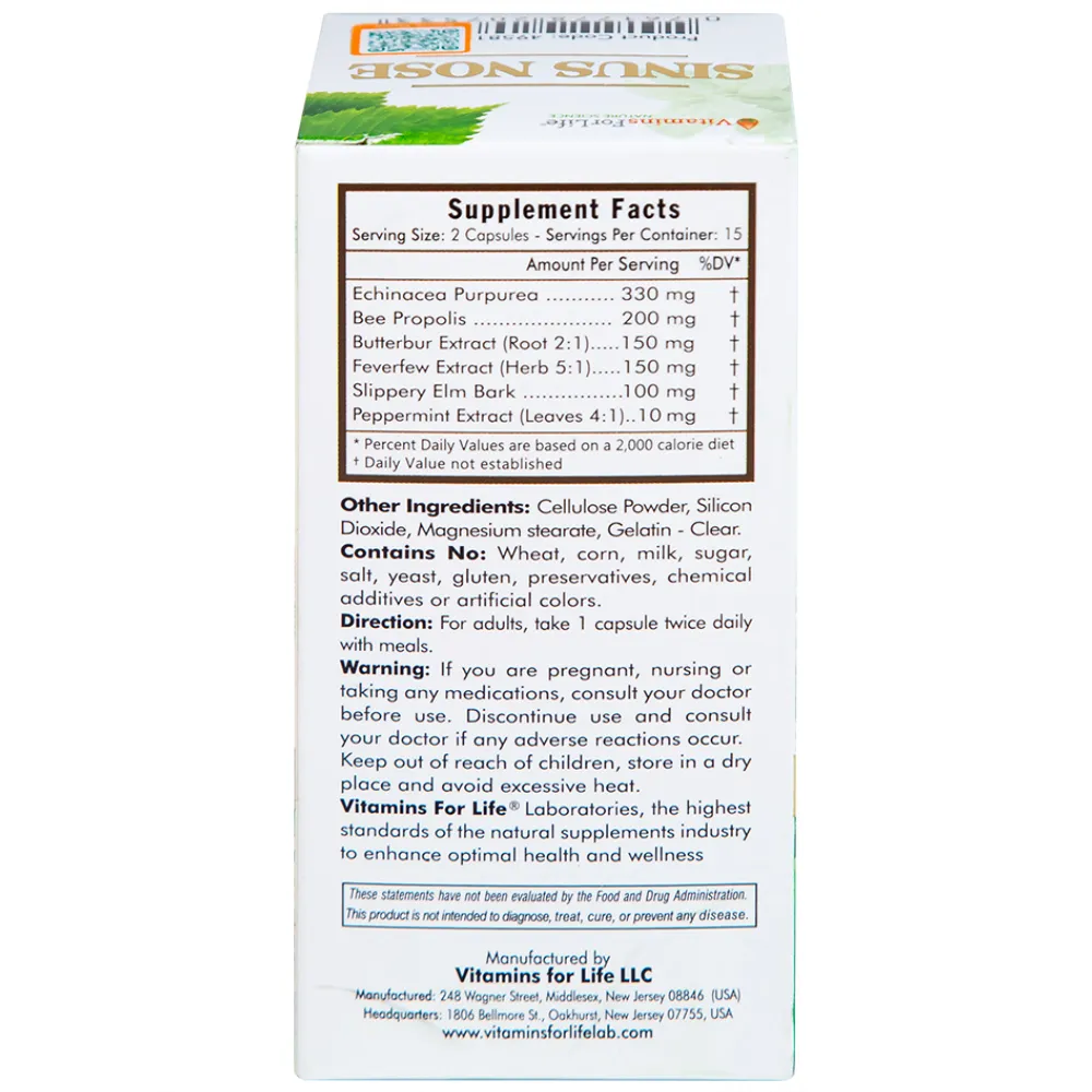 VIÊN UỐNG HỖ TRỢ ĐƯỜNG HÔ HẤP- VIÊM XOANG-VIÊM MŨI DỊ ỨNG SINUS NOSE VITAMINS FOR LIFE 30V 12